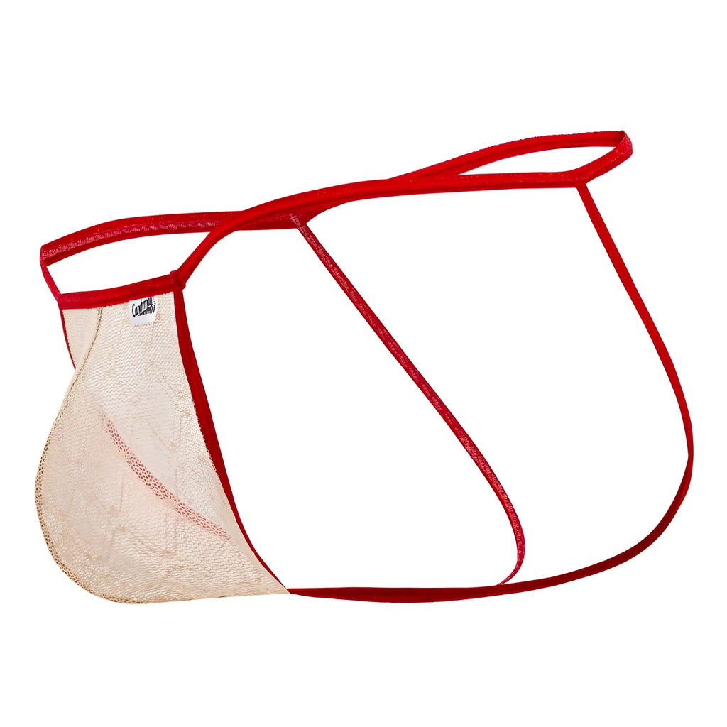 CandyMan 99709 micro lace red and beige mesh thong with red elastic waistband for comfortable wear