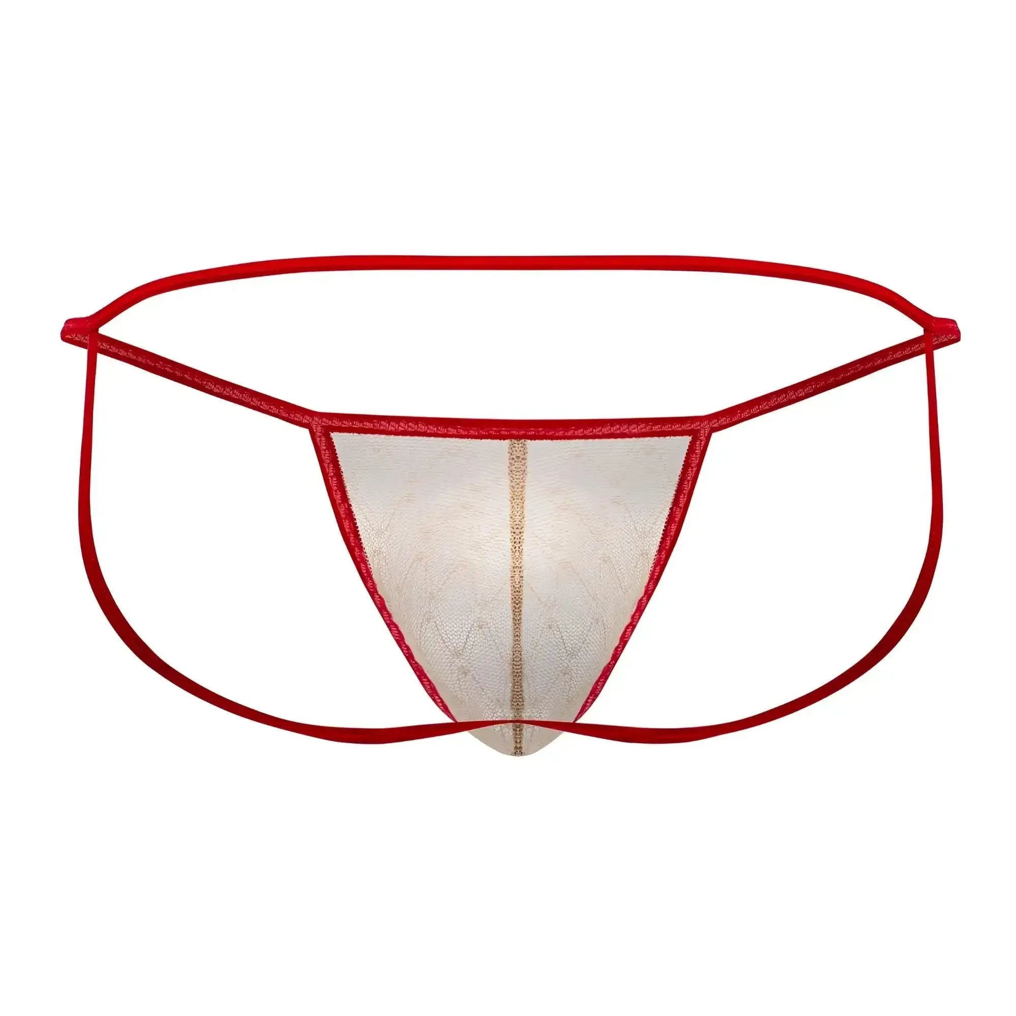 CandyMan 99709 micro lace jockstrap red lace thong with sheer patterned center panel and thin elastic waistband in beige-red
