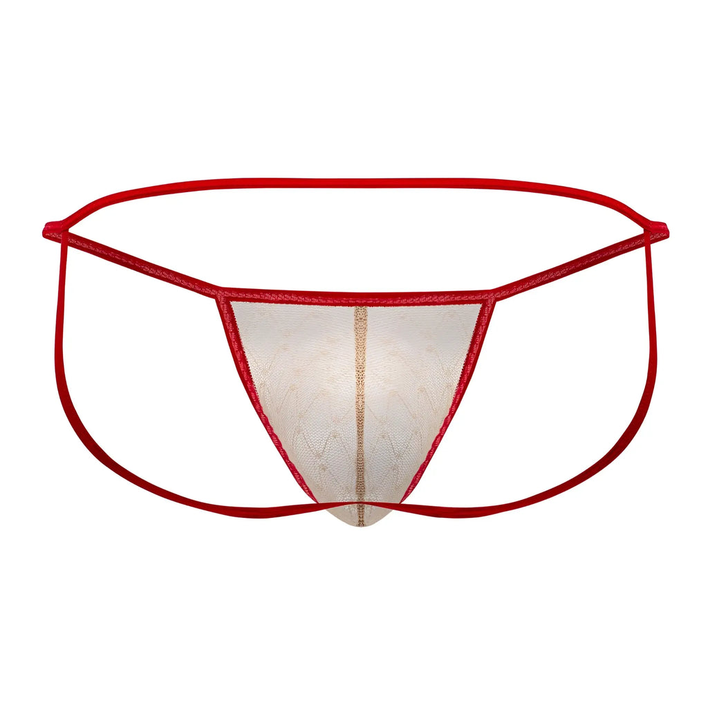 CandyMan 99709 micro lace jockstrap red lace thong with sheer patterned center panel and thin elastic waistband in beige-red