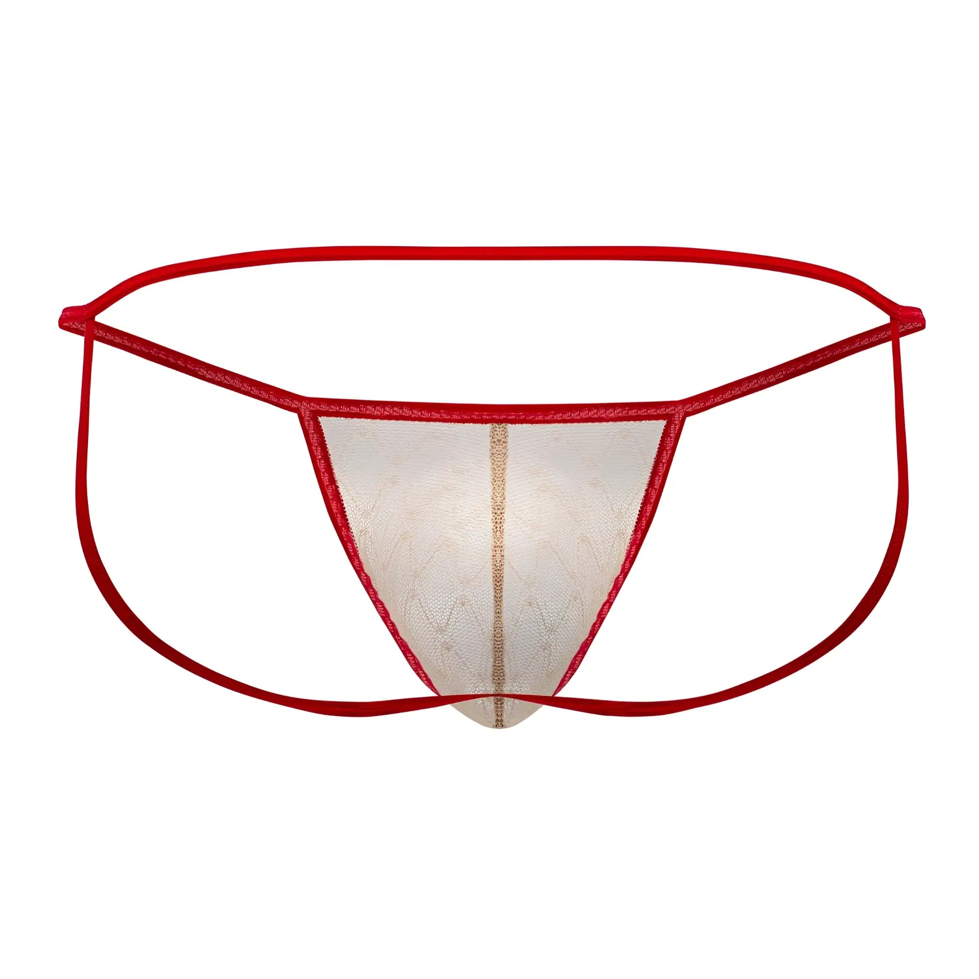 CandyMan 99709 micro lace jockstrap red lace thong with sheer patterned center panel and thin elastic waistband in beige-red