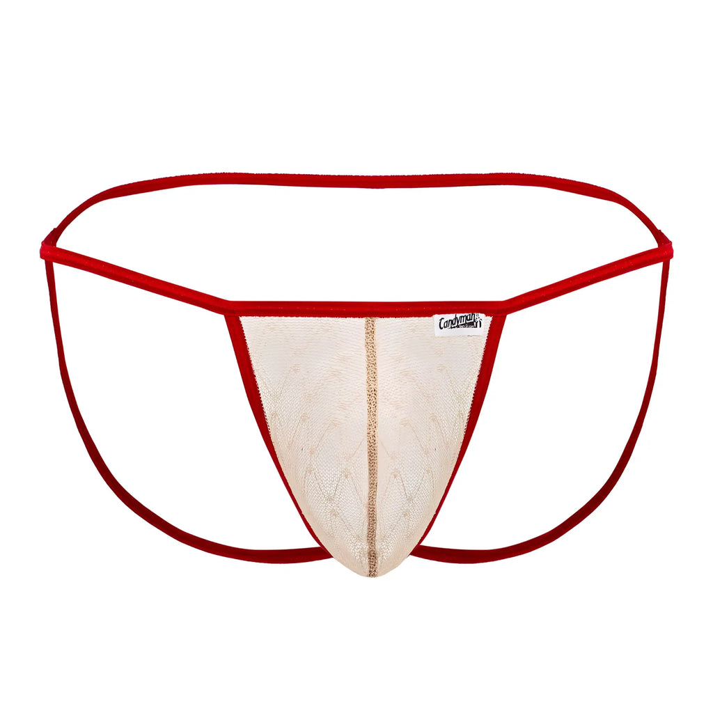 CandyMan 99709 micro lace jockstrap in beige with red trim mesh and gold toned vertical stripe detailing