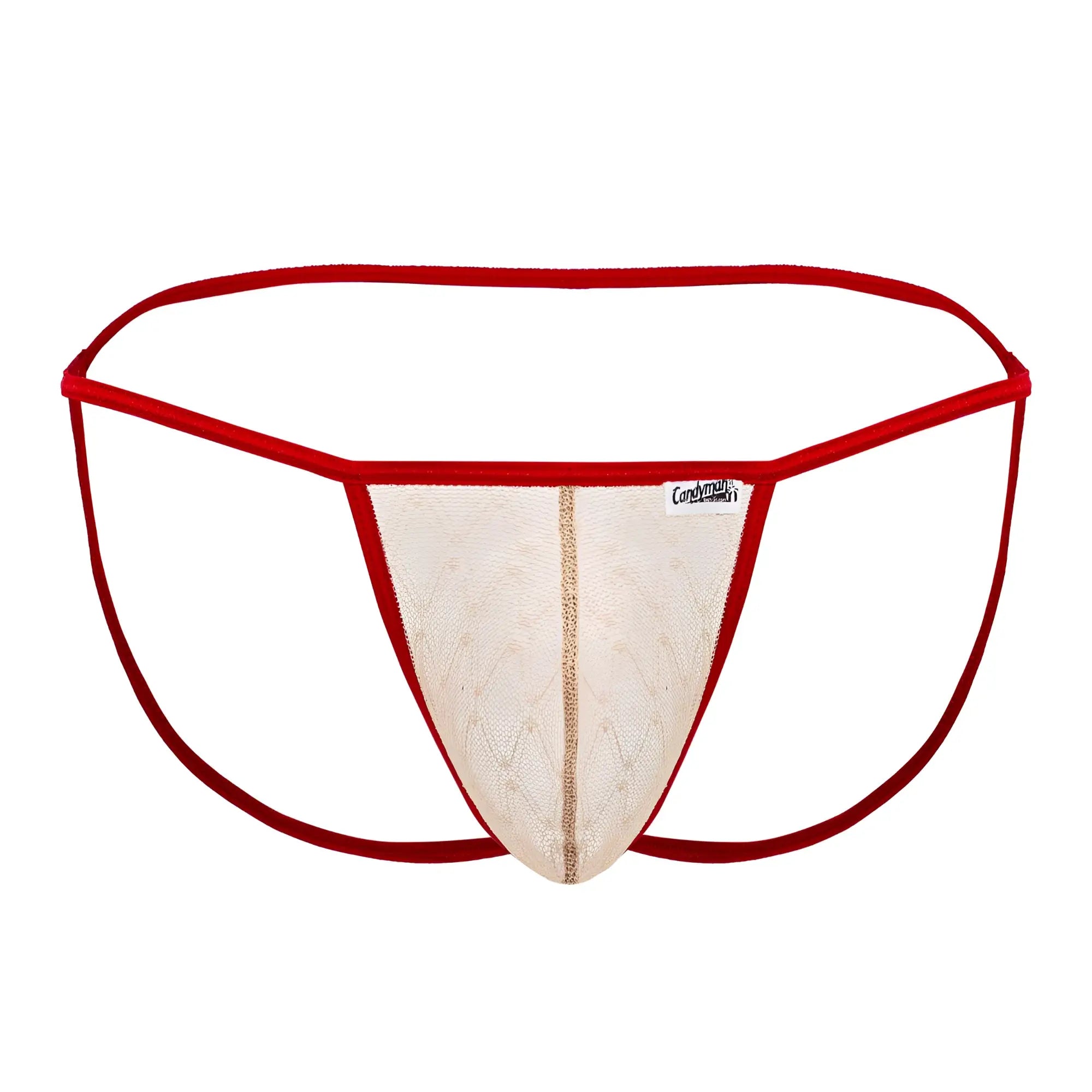 CandyMan 99709 micro lace jockstrap in beige with red trim mesh and gold toned vertical stripe detailing