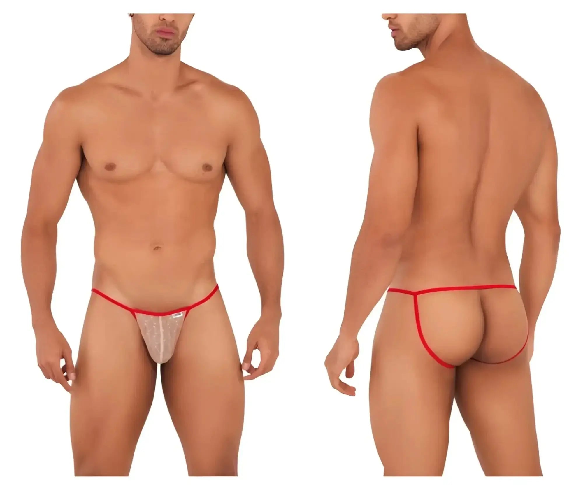 CandyMan 99709 micro lace thong in beige red with red trim sheer lace and subtle pattern with small brand tag