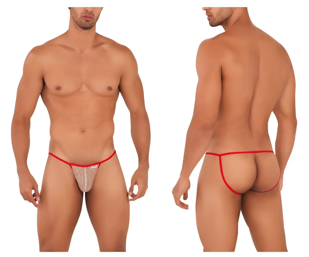 CandyMan 99709 micro lace thong in beige red with red trim sheer lace and subtle pattern with small brand tag