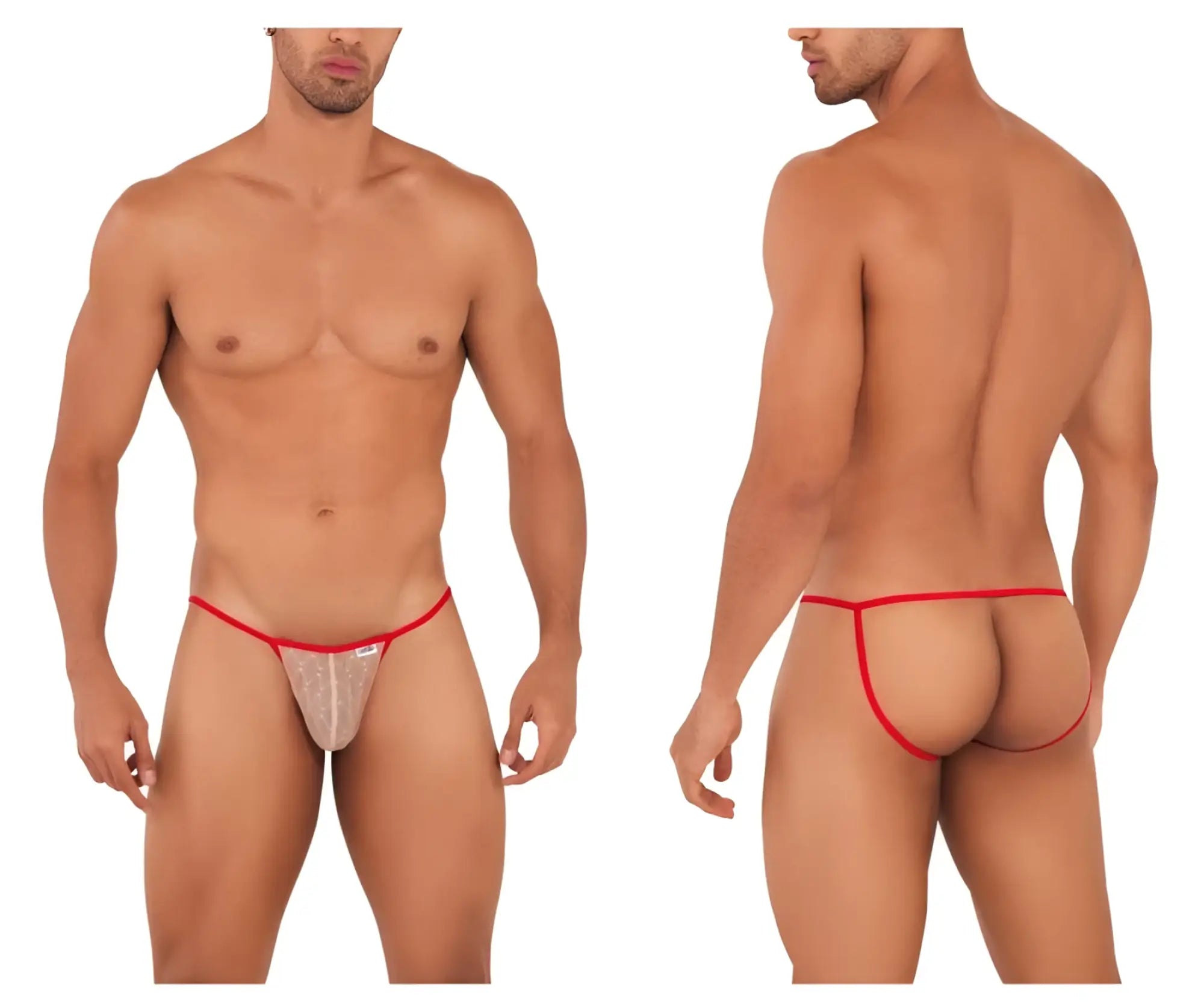 CandyMan 99709 micro lace thong in beige red with red trim sheer lace and subtle pattern with small brand tag