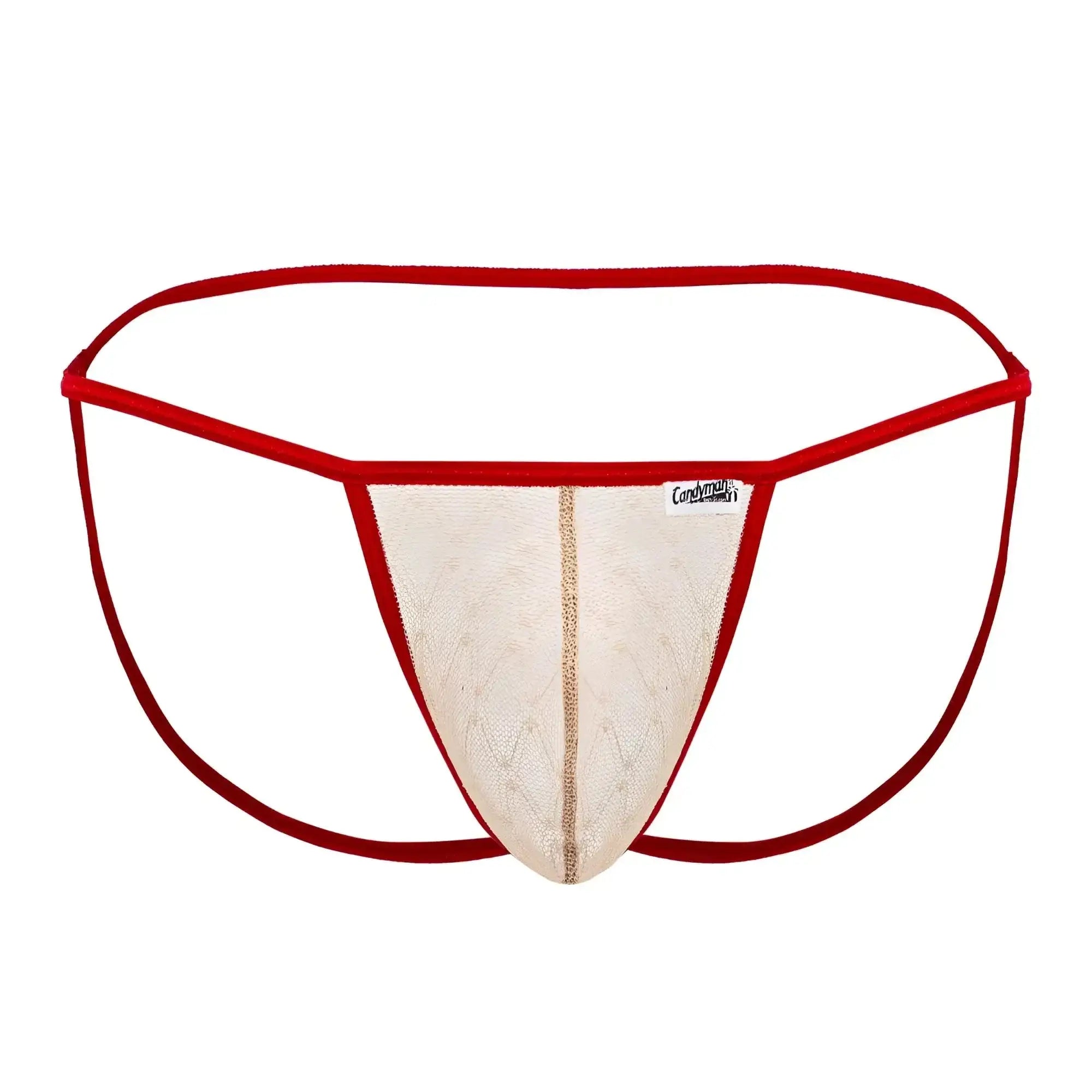 CandyMan 99709 micro lace jockstrap in beige with red trim mesh and gold toned vertical stripe detailing
