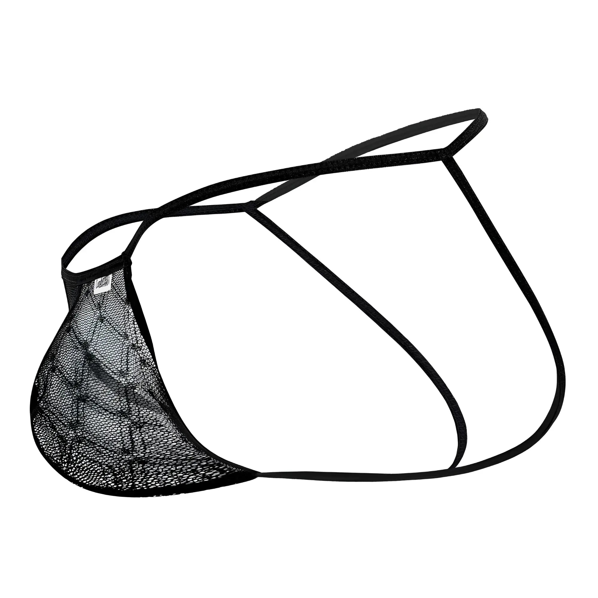 Black mesh men’s thong with thin elastic straps candyMan 99709 micro lace jockstrap in black front view