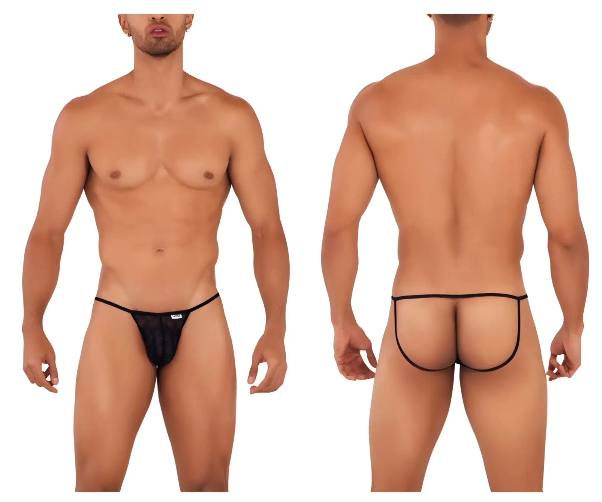 Black CandyMan 99709 micro lace jockstrap with thin elastic waistband and leg straps made of mesh fabric