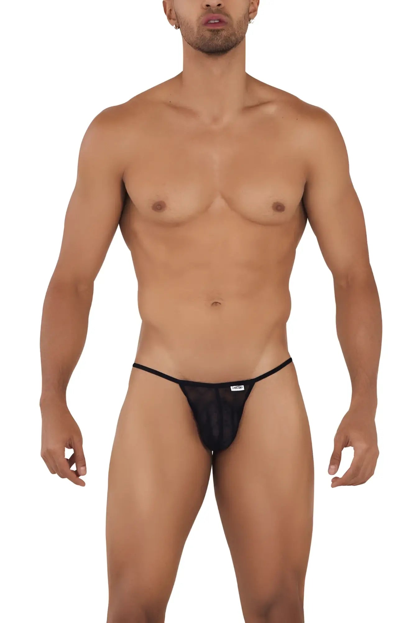 CandyMan 99709 micro lace black mesh thong with a small white logo on the front for stylish comfort