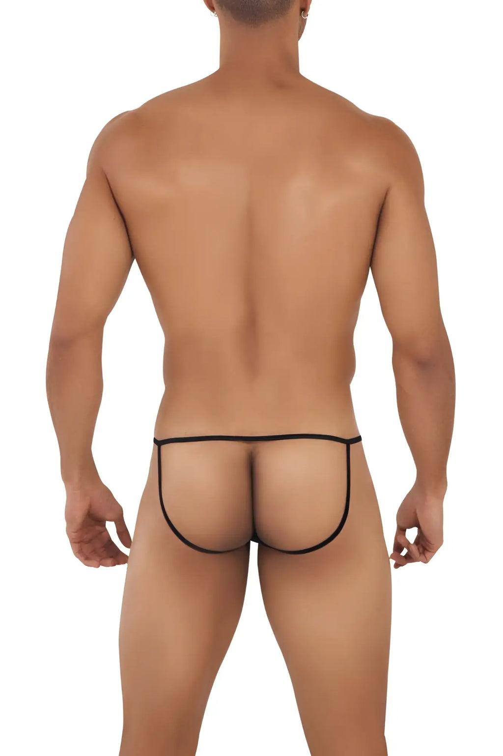 Black CandyMan 99709 micro lace jockstrap with sheer mesh thong and thin elastic waistband front view