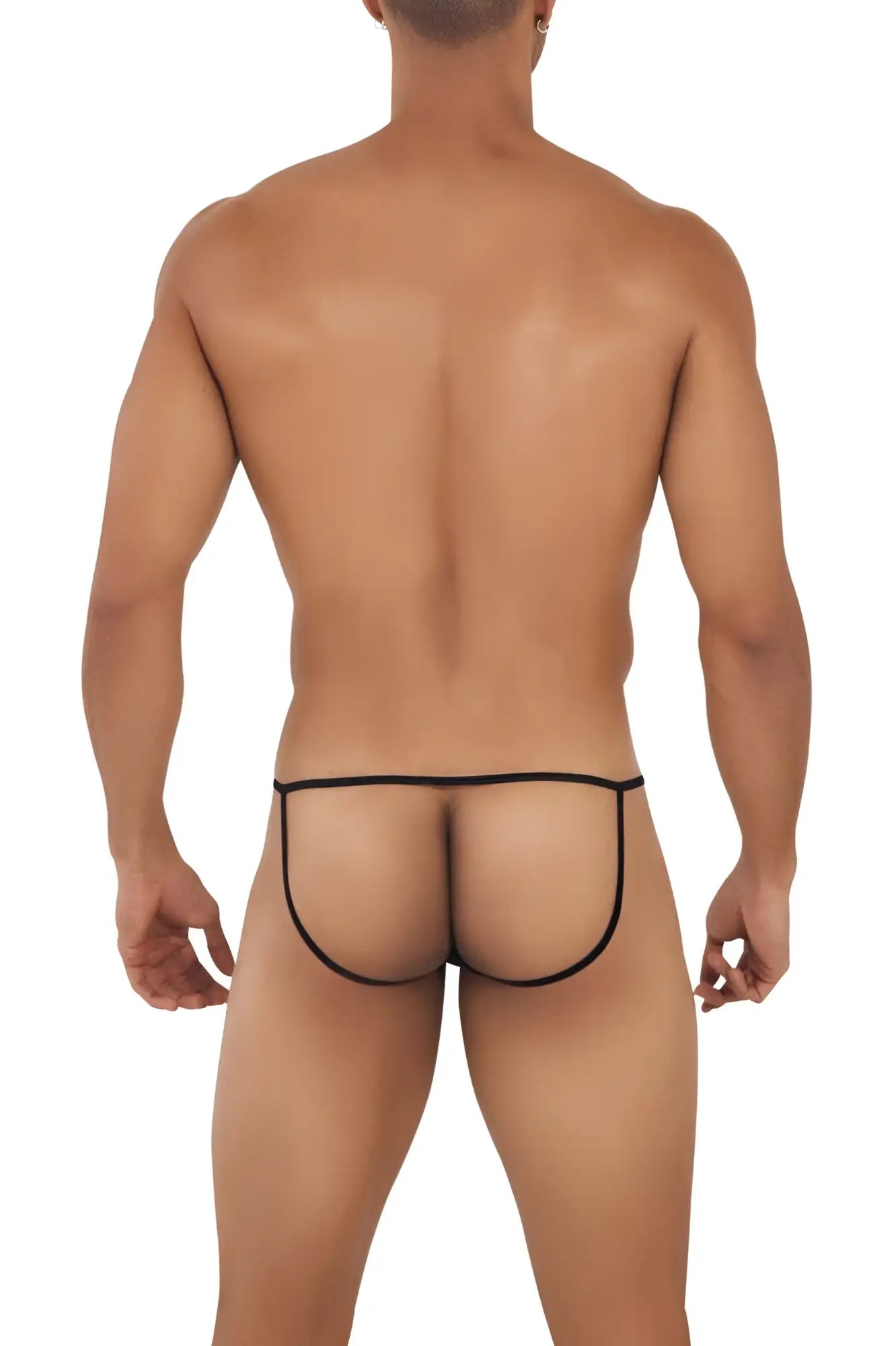 Black CandyMan 99709 micro lace jockstrap with sheer mesh thong and thin elastic waistband front view