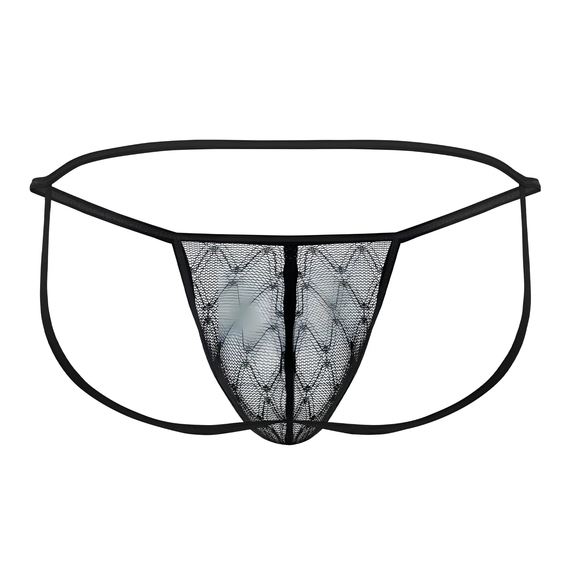 Black CandyMan 99709 micro lace jockstrap with diamond-patterned mesh lace thong and thin elastic waistband