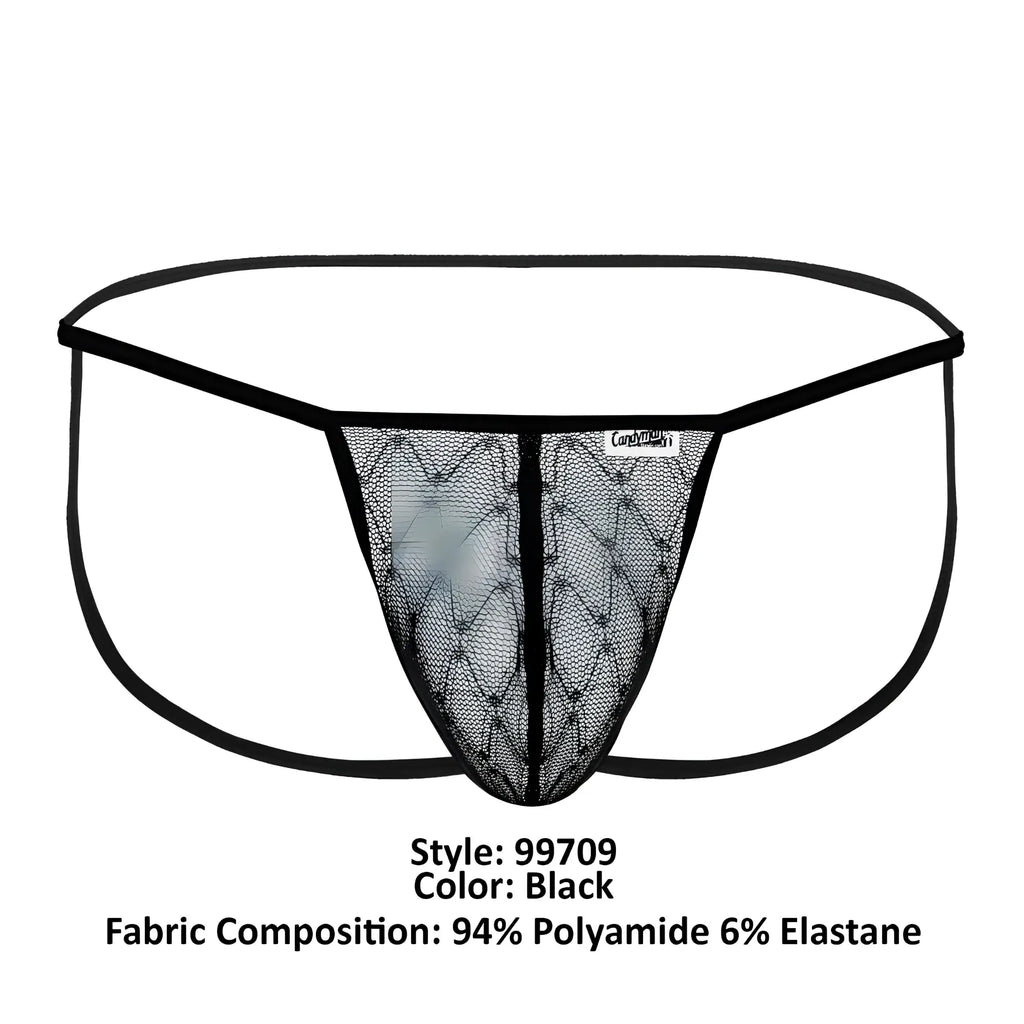 Black candyMan 99709 micro lace jockstrap thong with diamond-patterned mesh front and solid elastic waistband