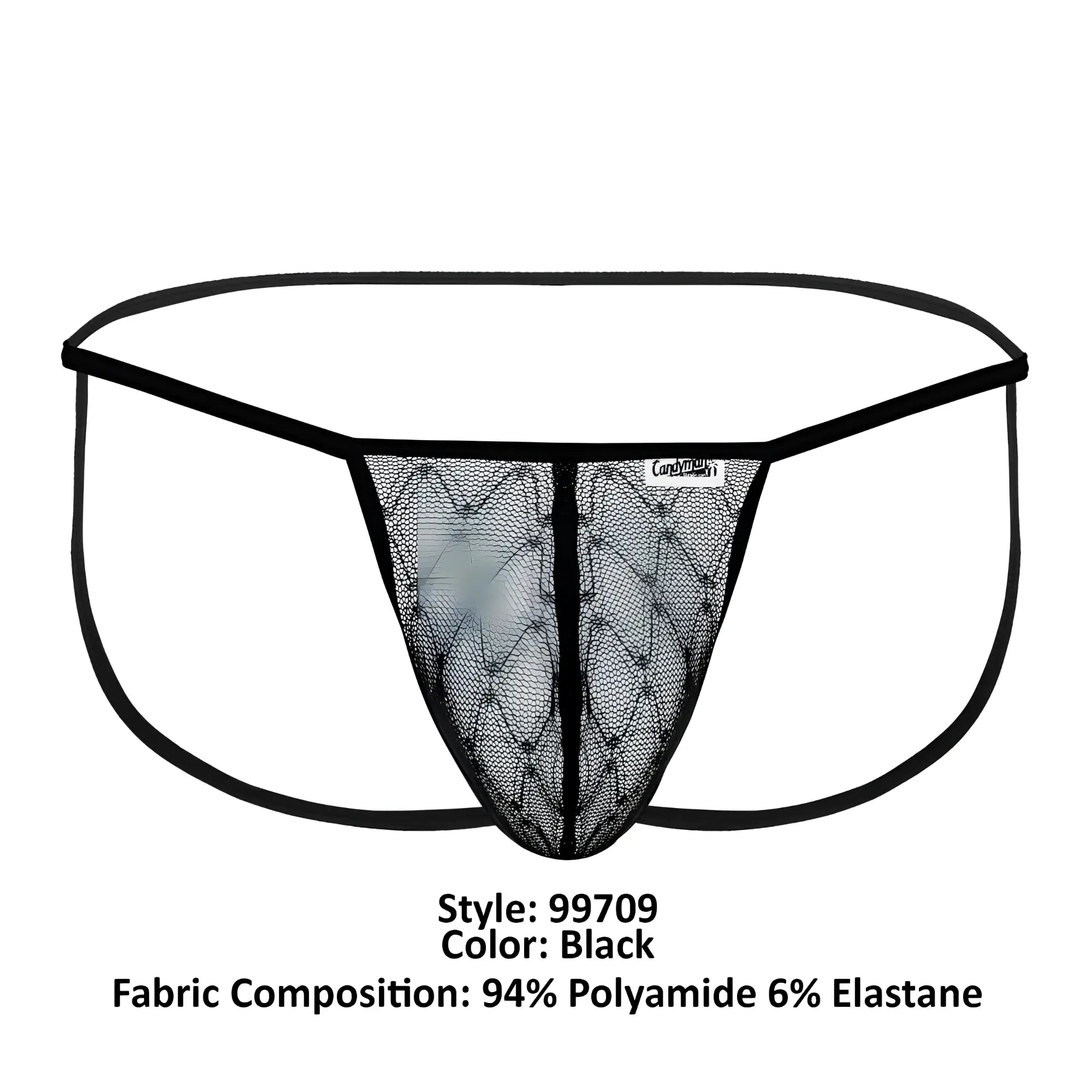 Black candyMan 99709 micro lace jockstrap thong with diamond-patterned mesh front and solid elastic waistband