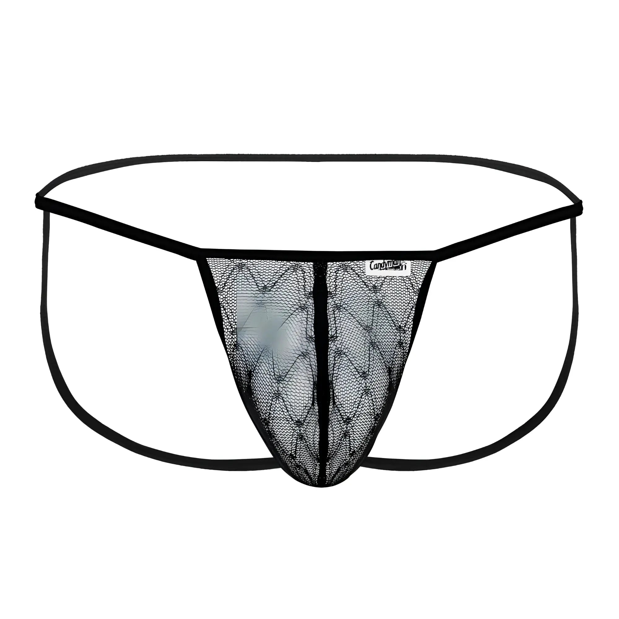 Black CandyMan 99709 micro lace jockstrap thong with diamond mesh front and solid elastic waistband