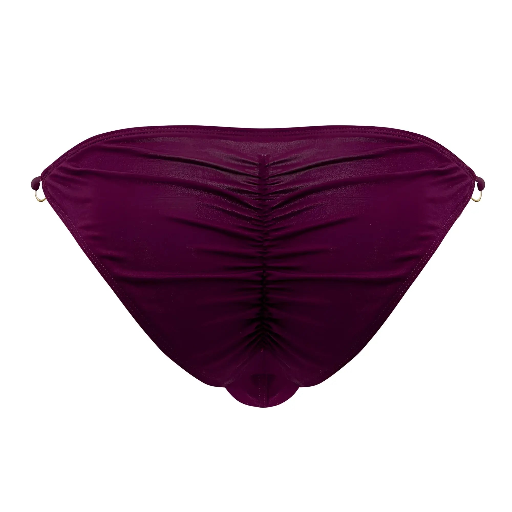 Deep purple burgundy ruched satin bikini bottom with small metallic rings at the sides CandyMan 99710 holes in one