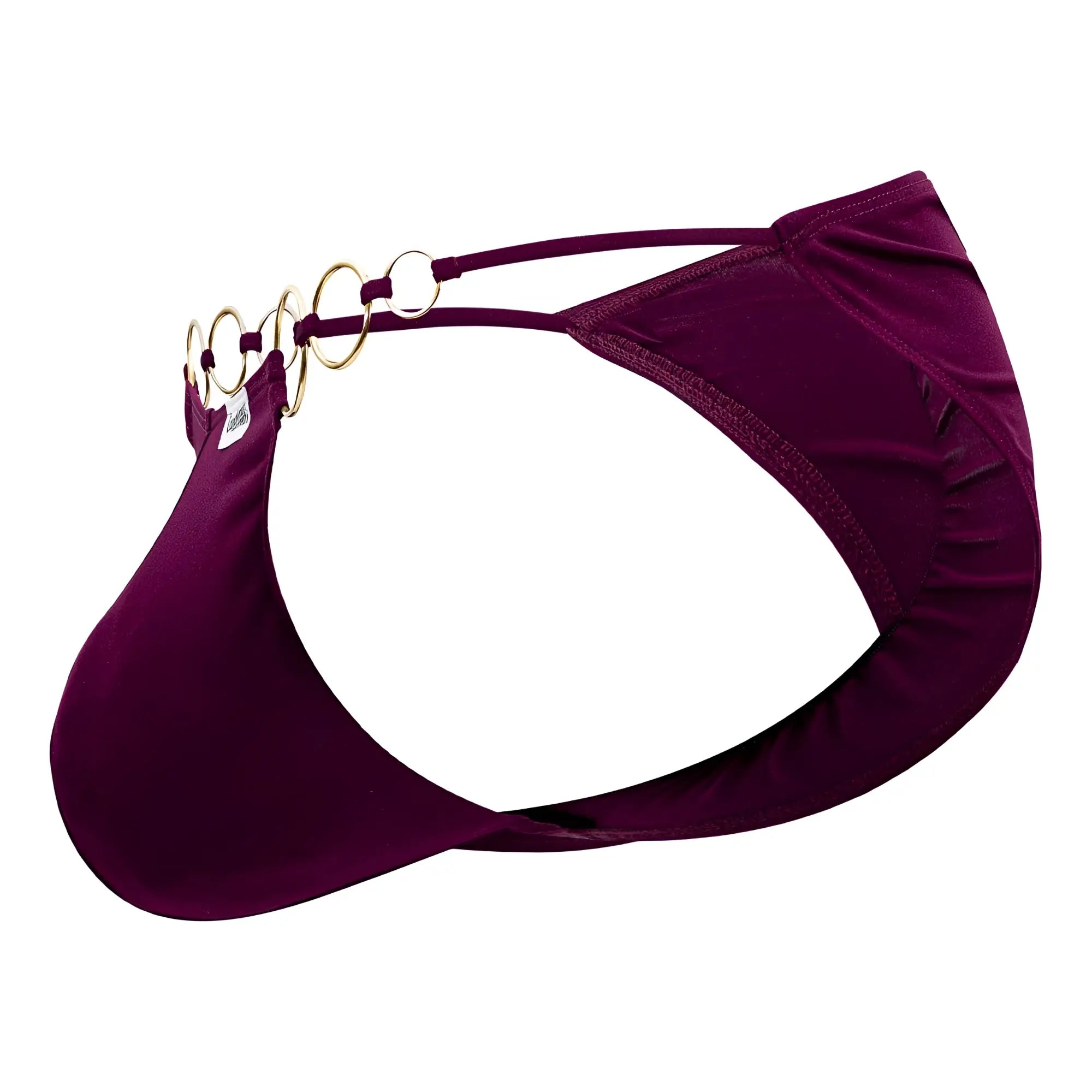 Back side of burgundy satin-like thong bikini with gold-toned ring chain detail from candyman 99710 holes in one bikini