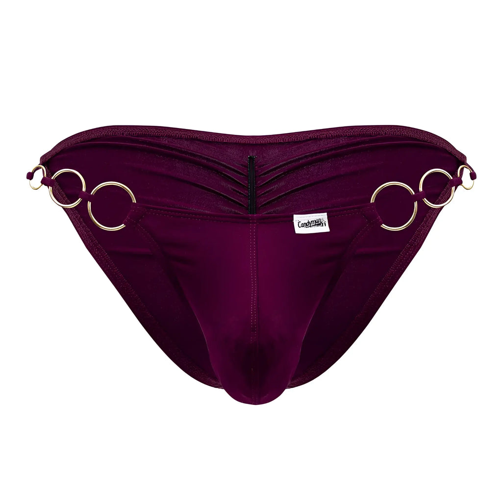 Deep purple velvet candyMan 99710 holes in one bikini briefs with gold metal rings and central zipper in burgundy color