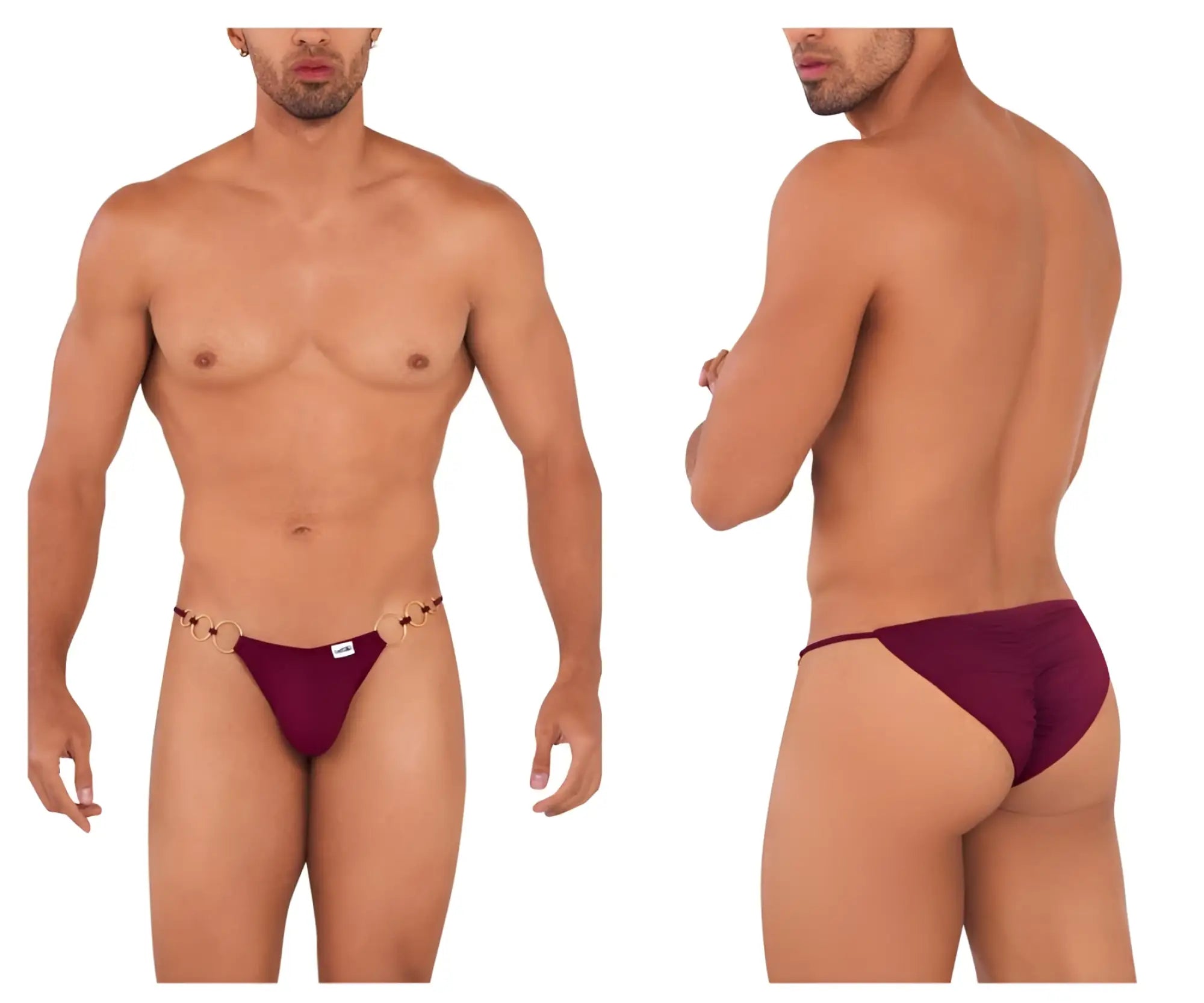 Maroon thong bikini bottoms with decorative chain detail at front from candyman 99710 holes in one bikini burgundy