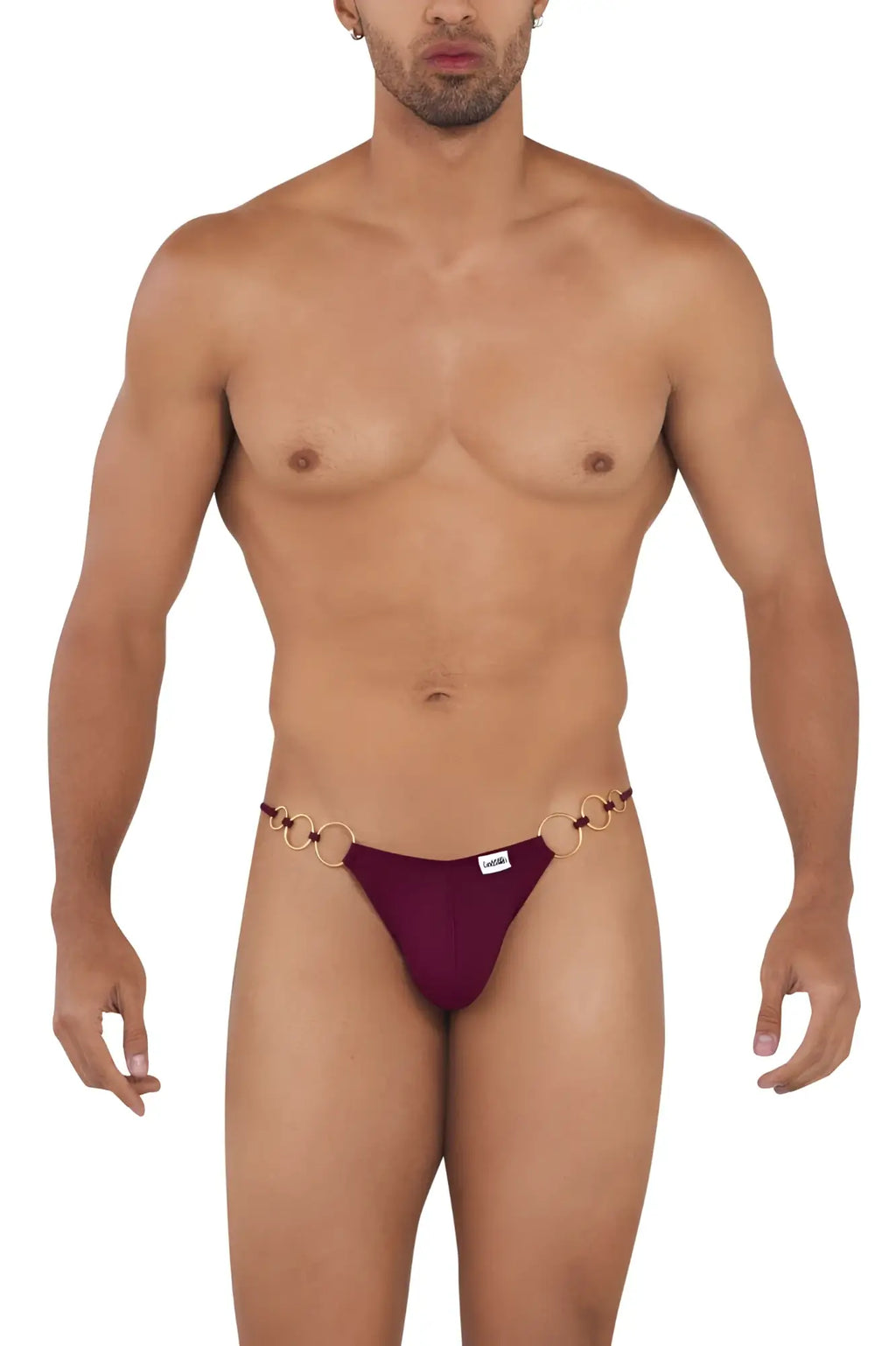 Maroon thong bikini with gold toned ring detailing at the waistband from candyman 99710 holes in one collection