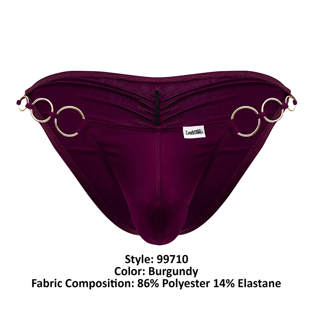 Burgundy velvet CandyMan 99710 Holes in One bikini briefs with gold-toned rings and central zipper front view