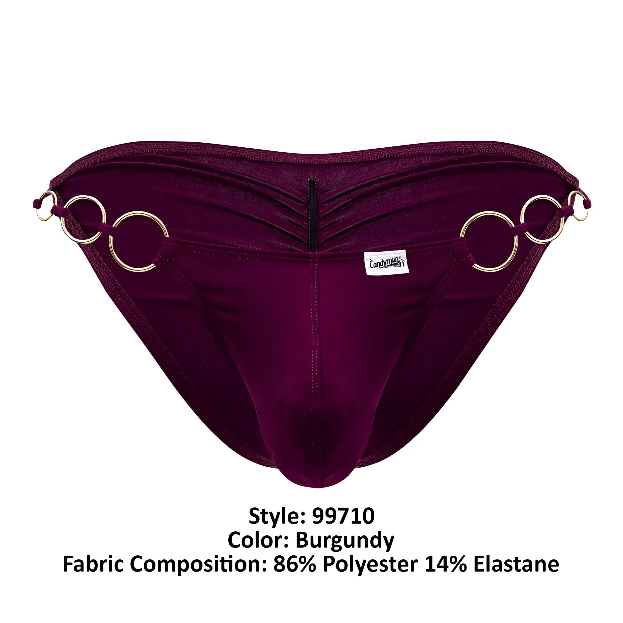 Burgundy velvet CandyMan 99710 Holes in One bikini briefs with gold-toned rings and central zipper front view