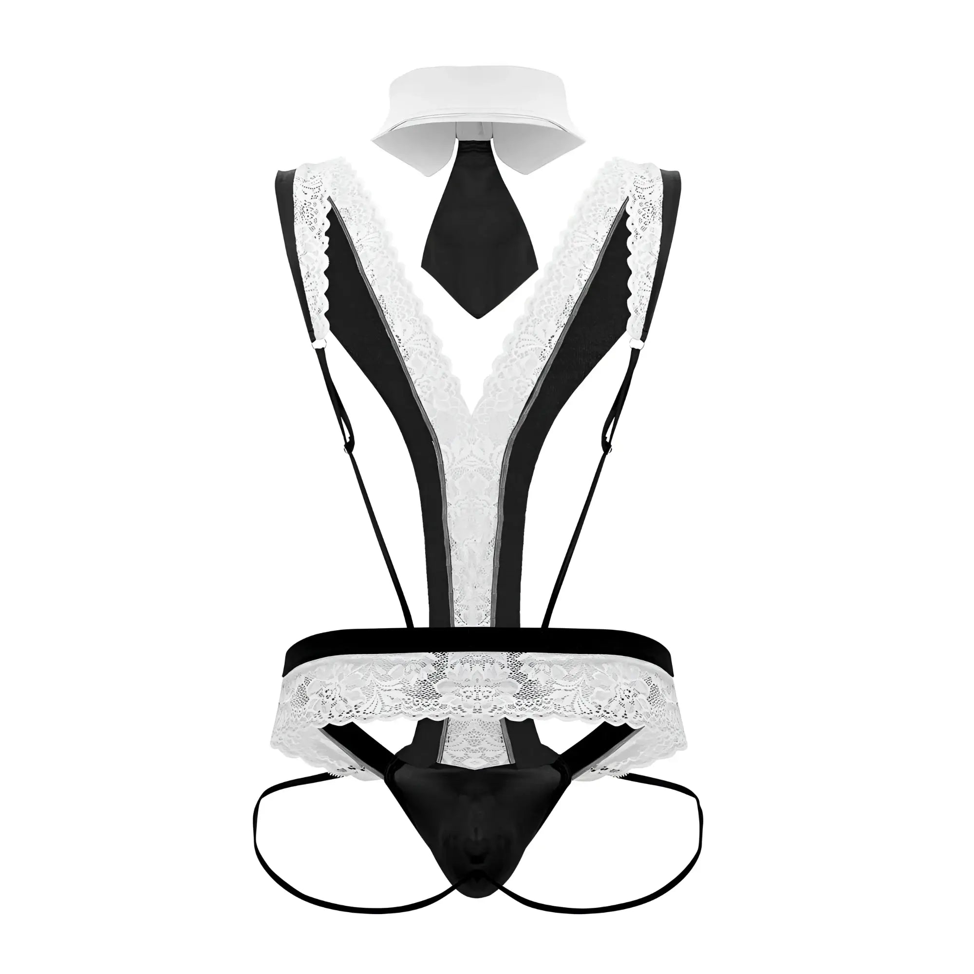 Black and white lace maid costume with collar tie and suspenders candyMan 99715 work-n-play outfit black