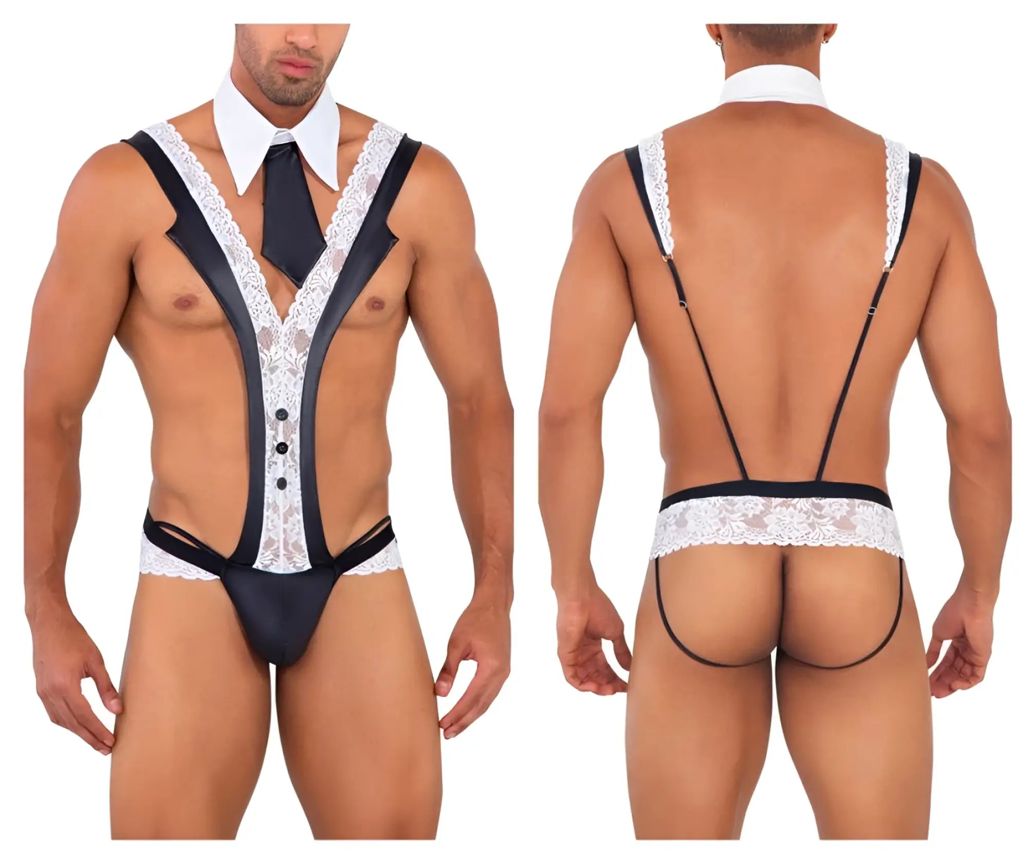 Black and white lace-trimmed men’s lingerie bodysuit with suspenders candyMan 99715 work-n-play costume