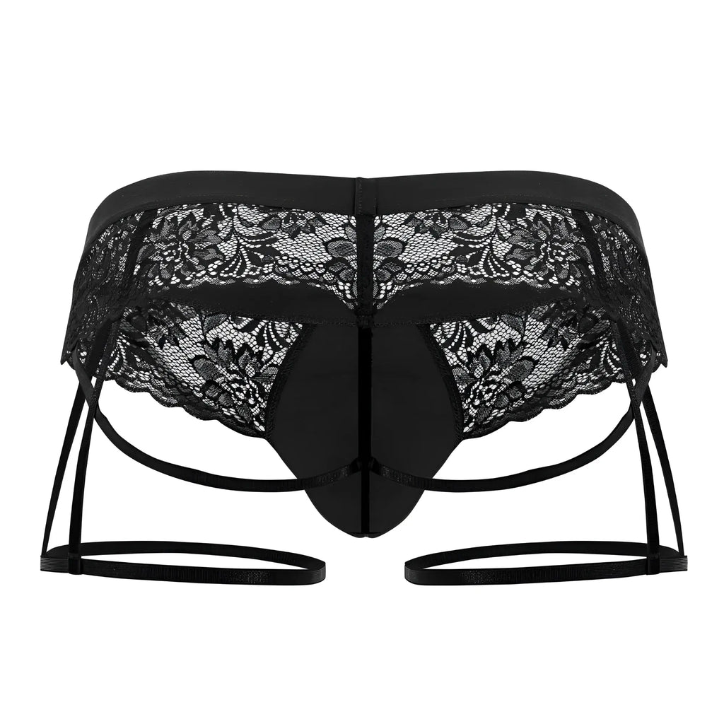 Black lace garter jockstrap candyman 99717 with intricate floral patterns and adjustable straps in black