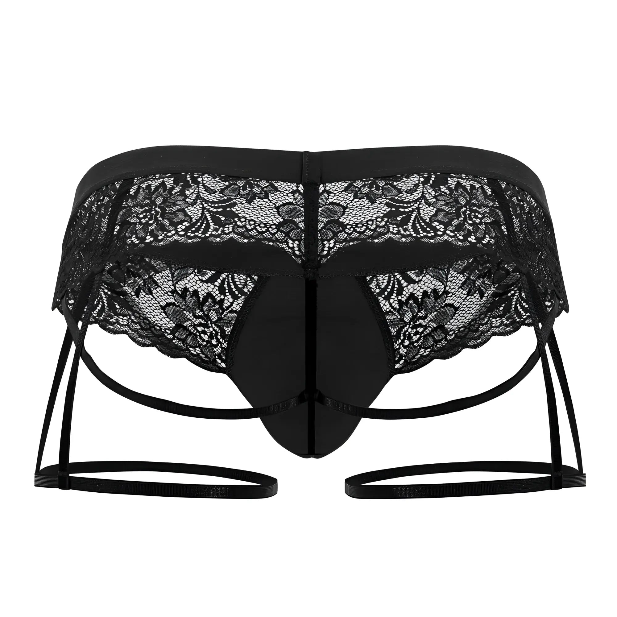 Black lace garter jockstrap candyman 99717 with intricate floral patterns and adjustable straps in black
