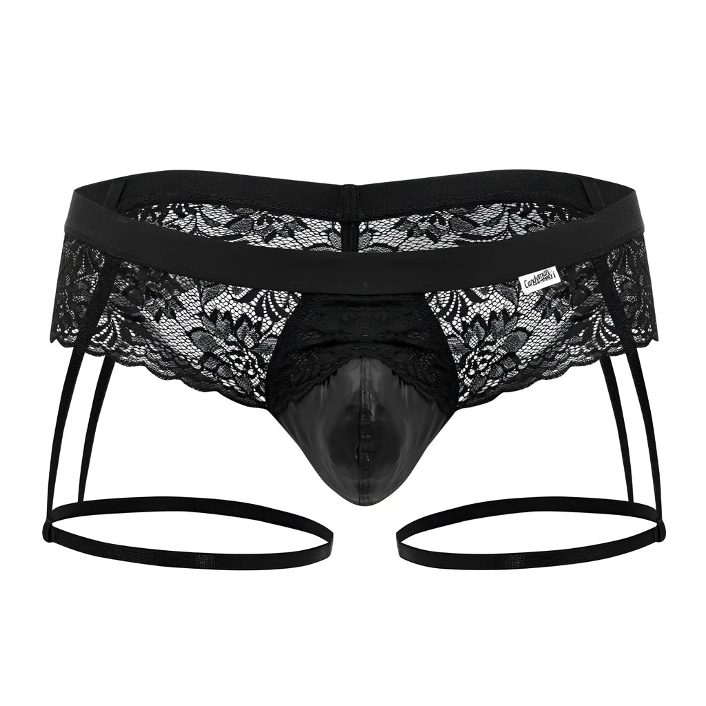 Black lace thong with shiny patent leather front panel and adjustable garter straps candyMan 99717 garter jockstrap