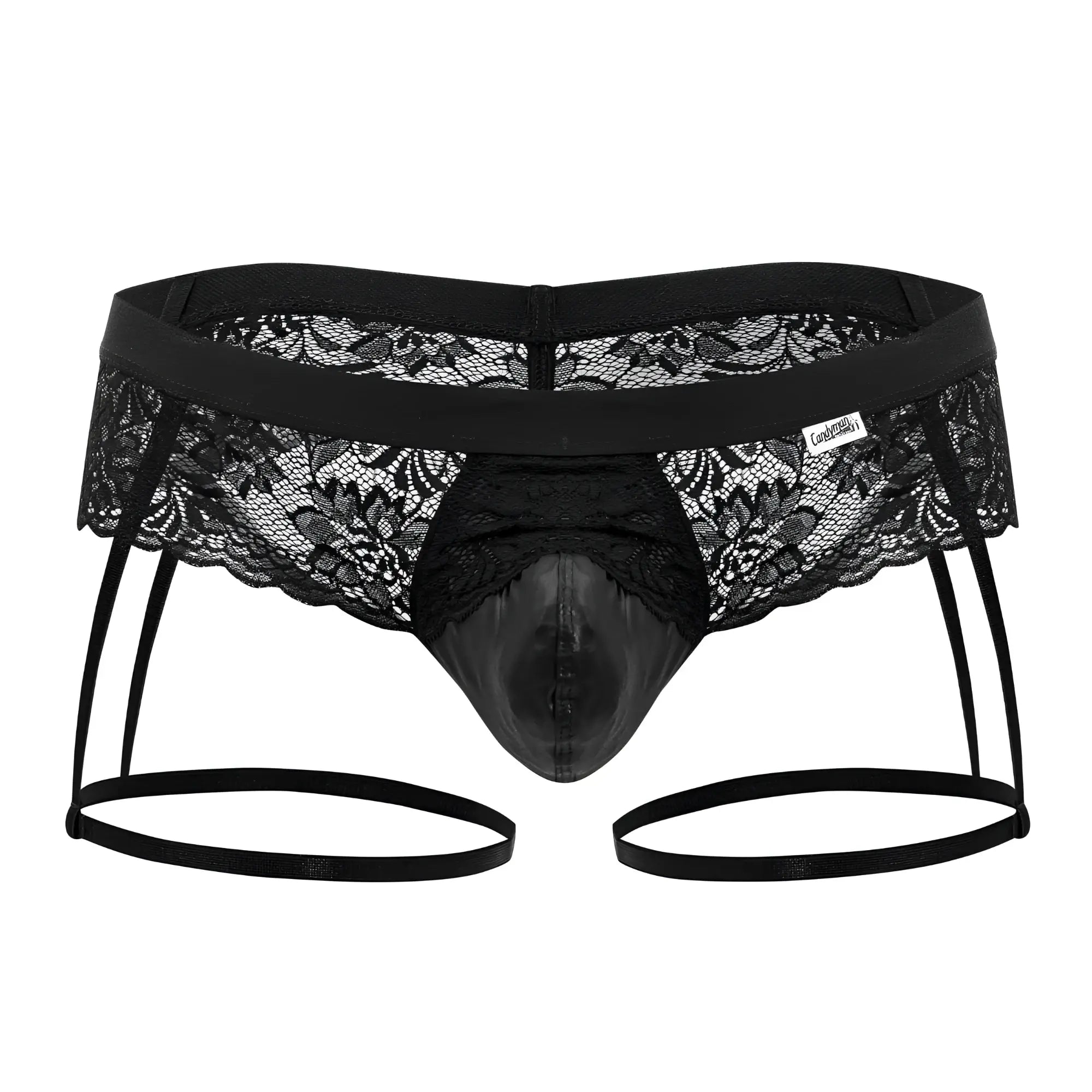 Black lace thong with shiny patent leather front panel and adjustable garter straps candyMan 99717 garter jockstrap