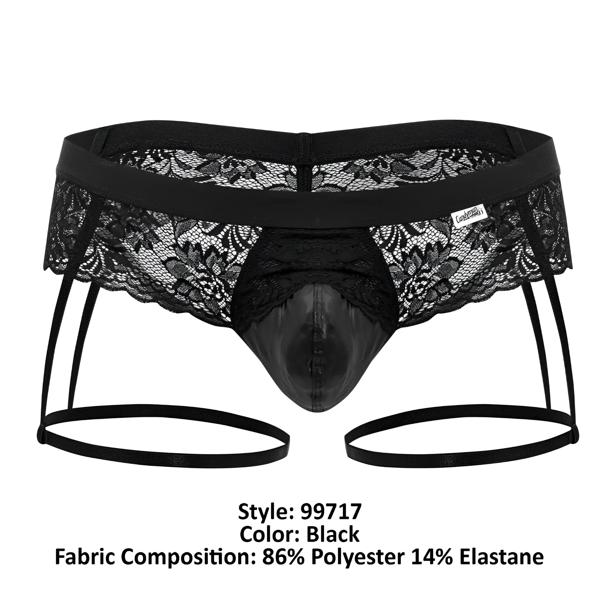Black candy man 99717 lace garter jockstrap briefs with glossy molded front panel and adjustable side straps