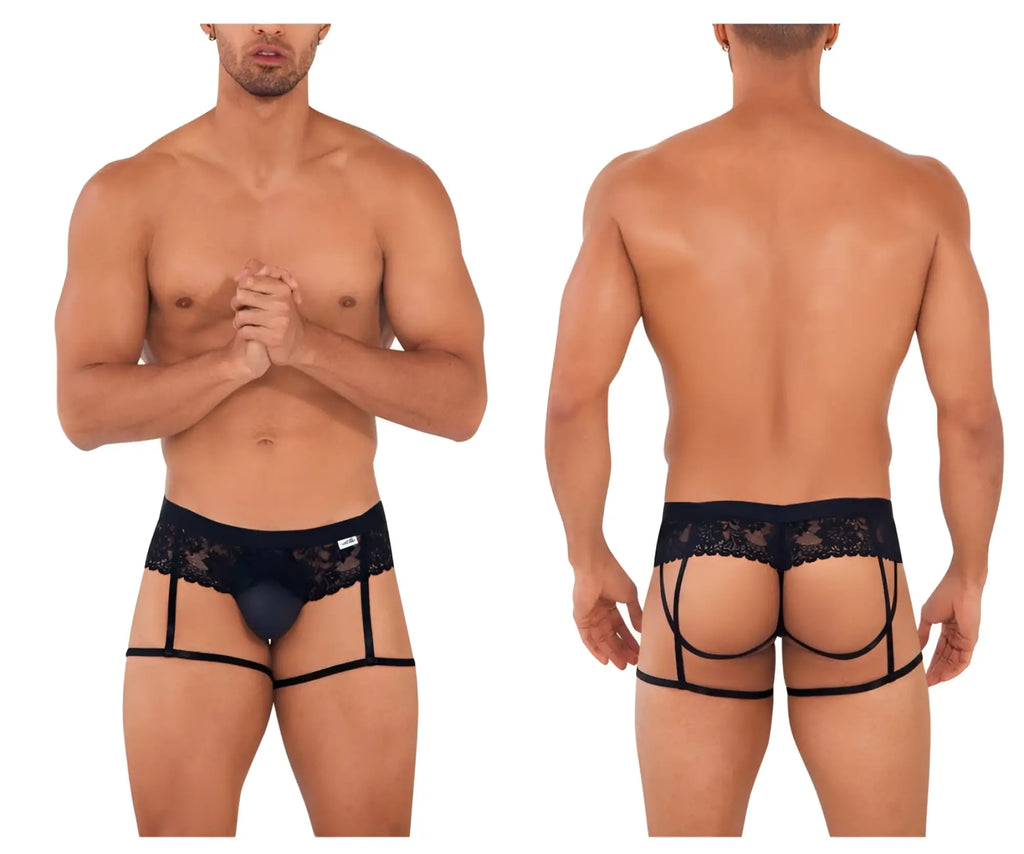 Black lace-trimmed mens briefs with supportive straps candyMan 99717 lace garther jockstrap color black