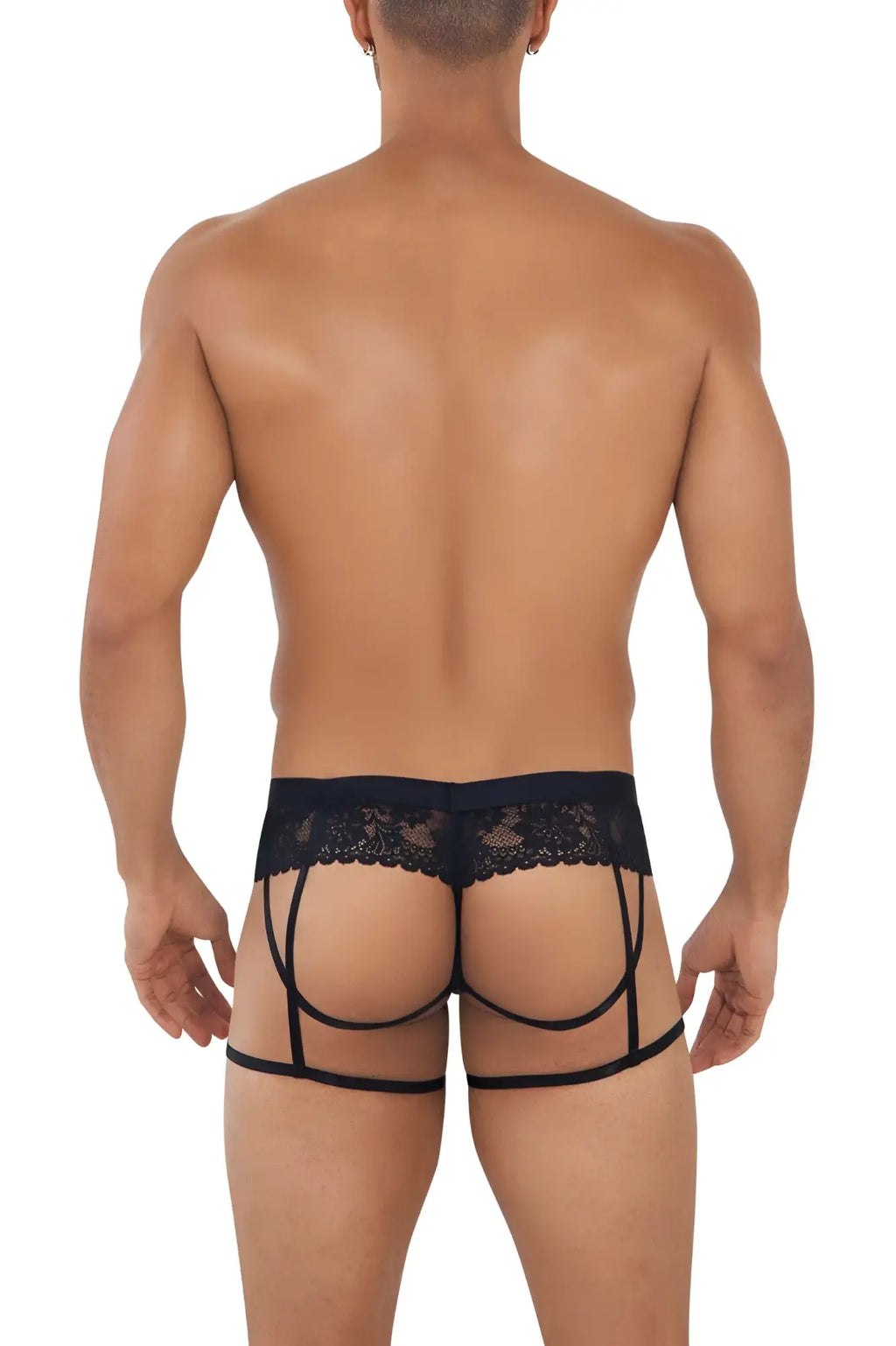 Black candy man 99717 lace garter jockstrap sheer mesh briefs with lace trim and strappy supportive design