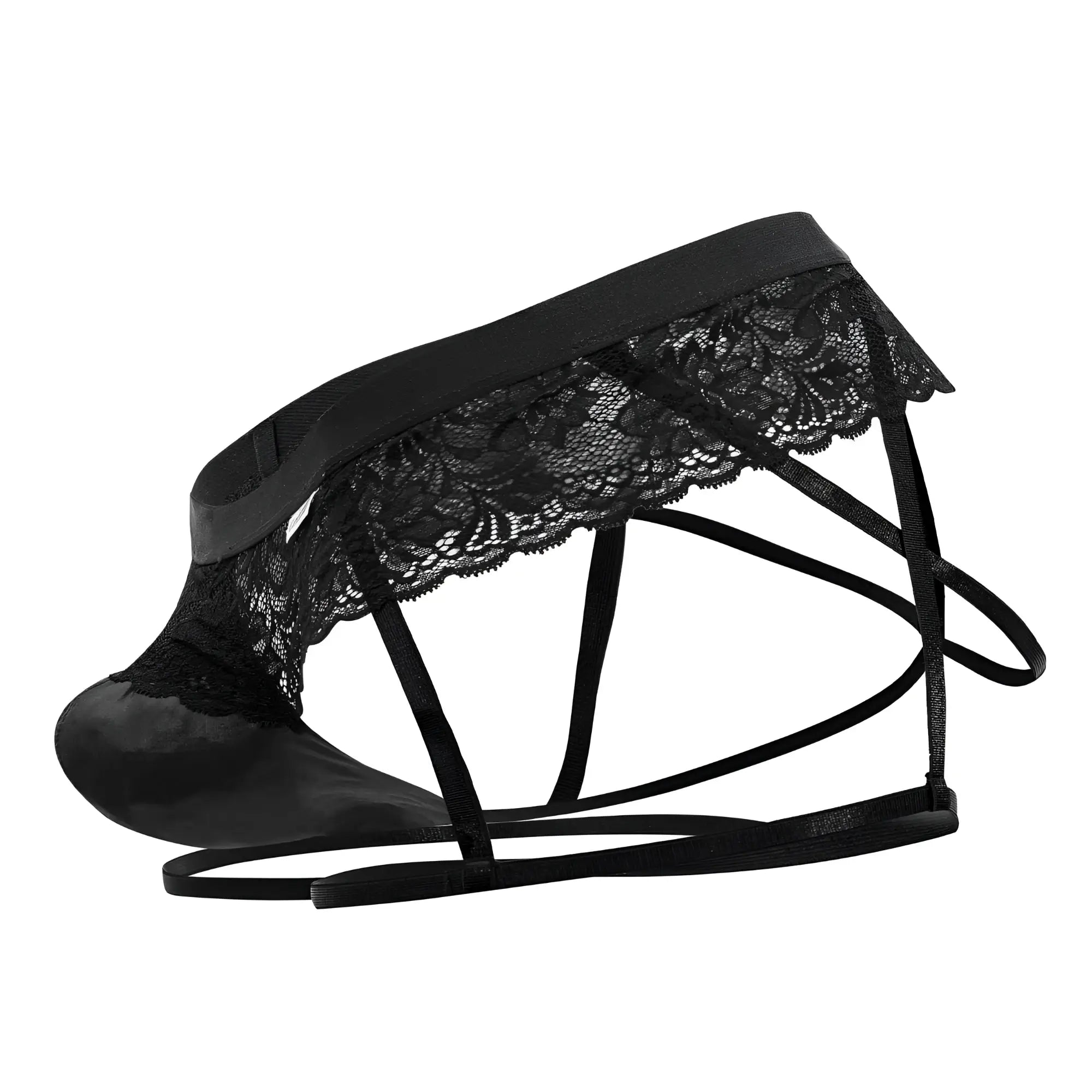 Black lace trim underbust garter belt with satin straps and crisscross design CandyMan 99717 in black
