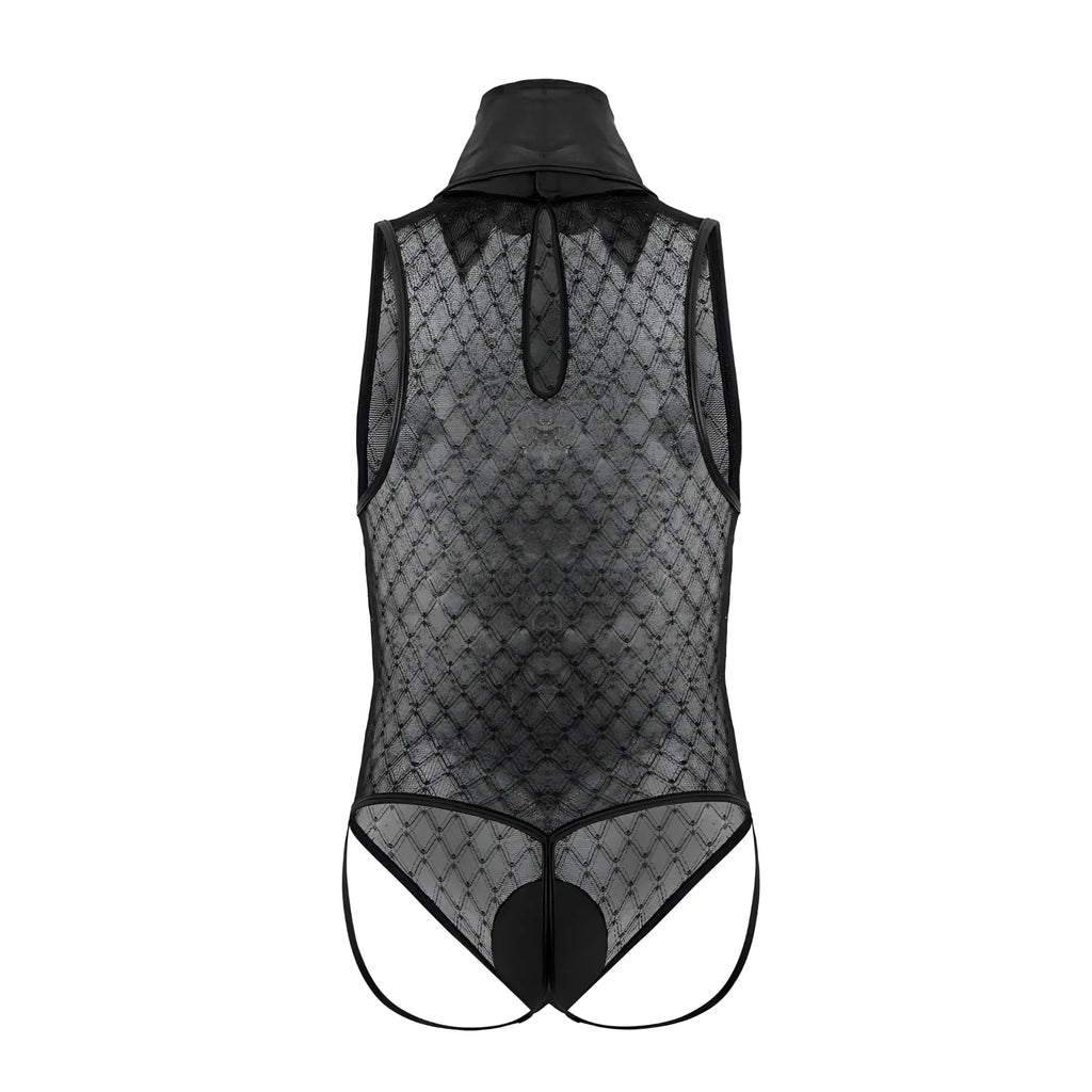Black lace candy man 99720 work-n-play bodysuit with high collar and diamond-patterned mesh in black