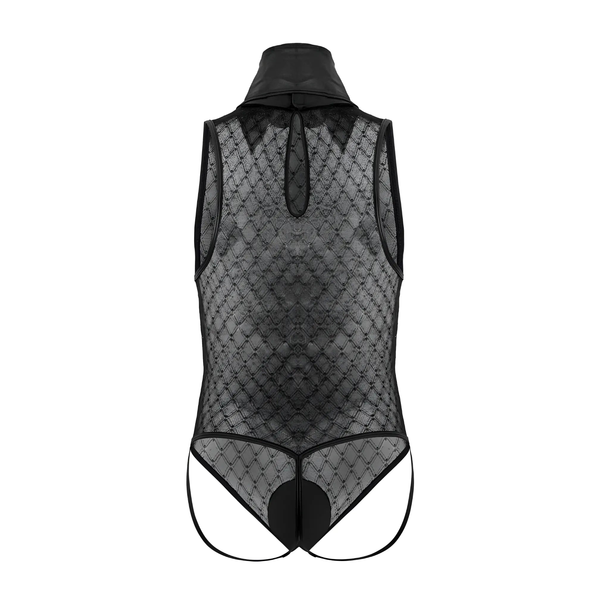 Black lace candy man 99720 work-n-play bodysuit with high collar and diamond-patterned mesh in black