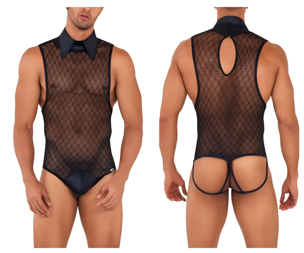 CandyMan 99720 work-n-play bodysuit black mesh with collar and tie detail for versatile styling and comfort