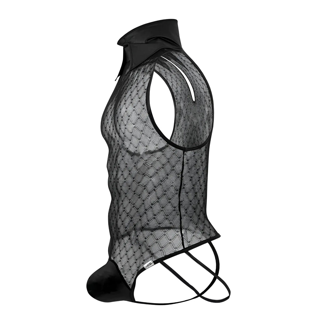 Black mesh CandyMan 99720 Work-N-Play bodysuit with solid collar and matching crotch ties for versatile wear