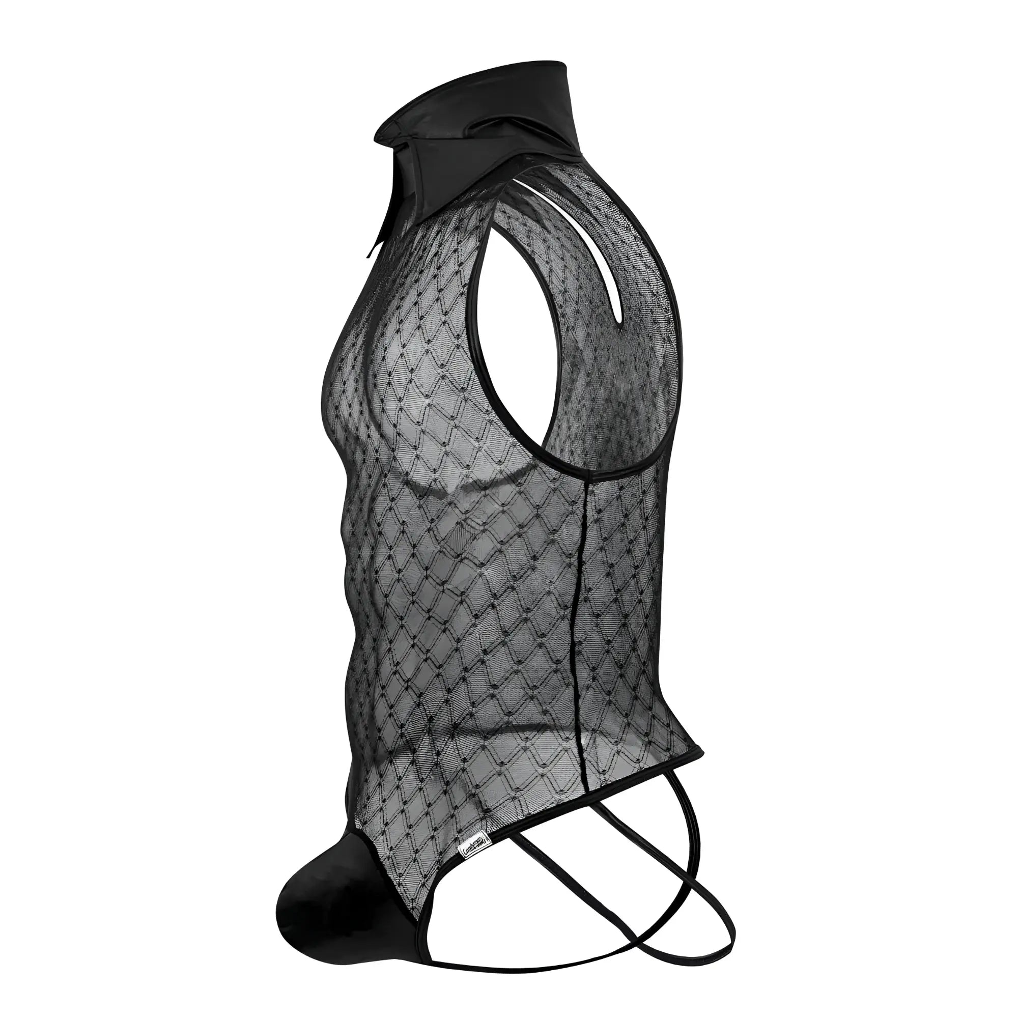 Black mesh CandyMan 99720 Work-N-Play bodysuit with solid collar and matching crotch ties for versatile wear