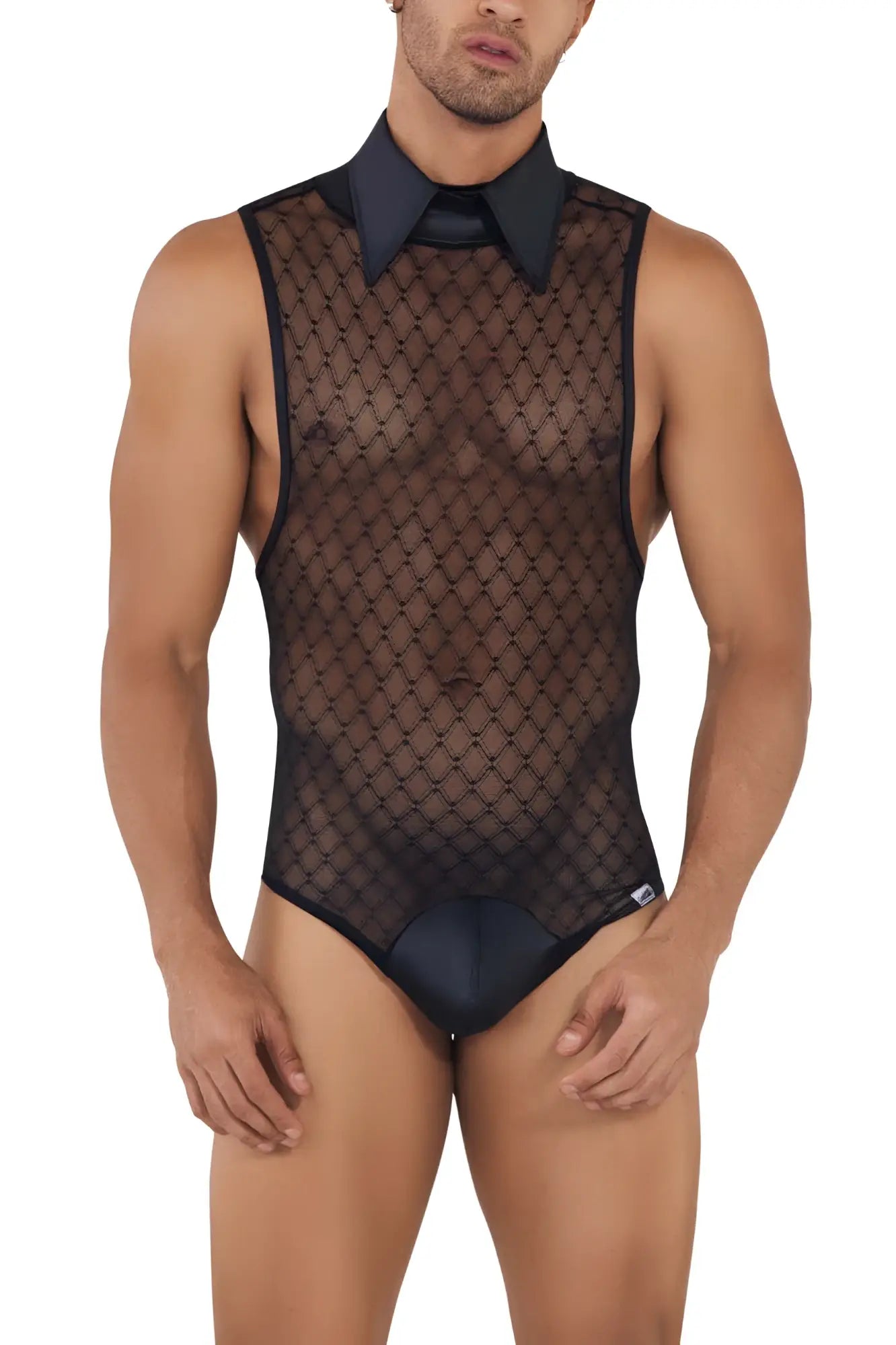 Black sheer mesh candy man 99720 work-n-play bodysuit with solid collar and matching waistband
