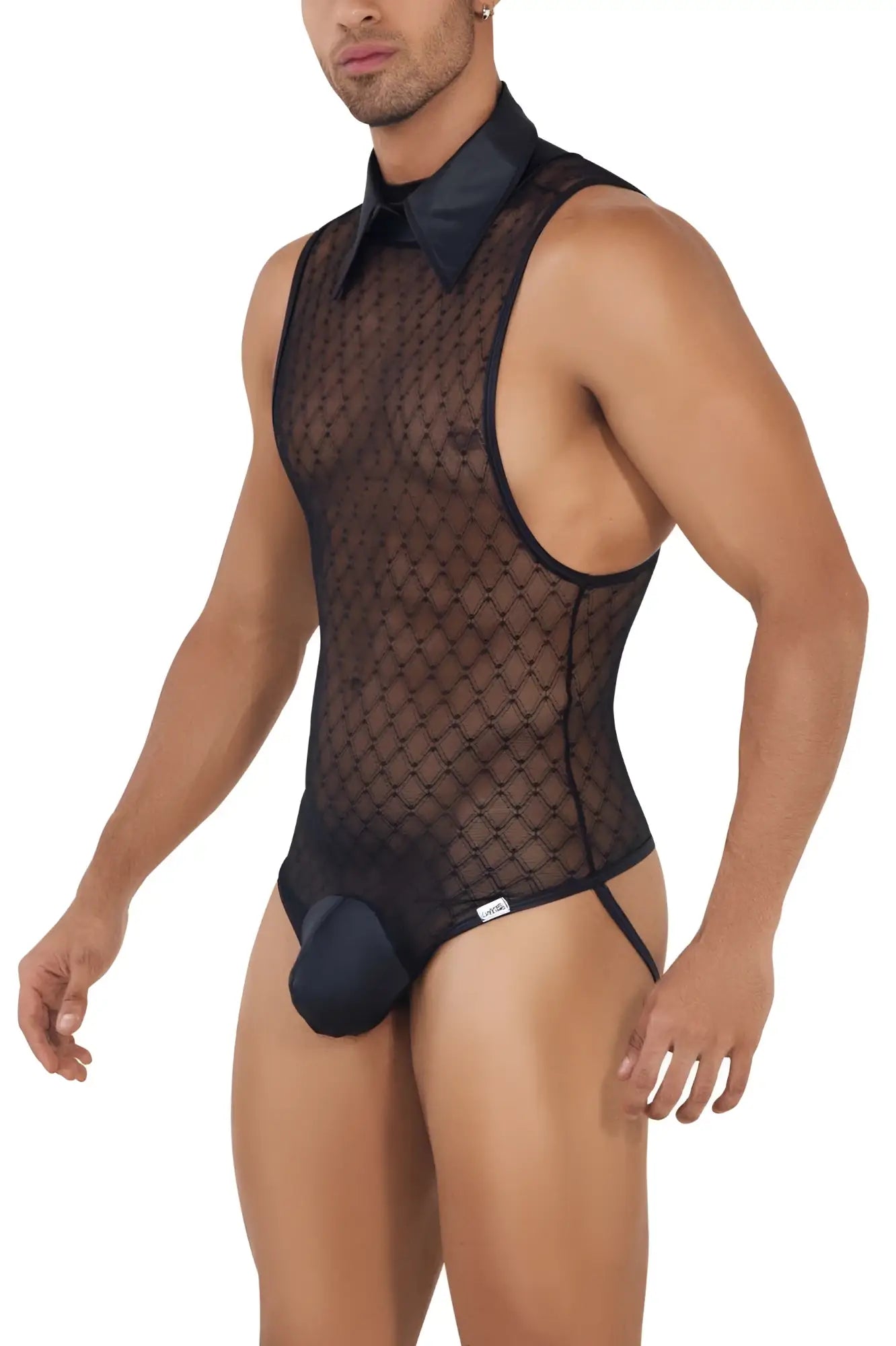 CandyMan 99720 work-n-play black bodysuit with sheer mesh material structured collar and matching fabric crotch panel