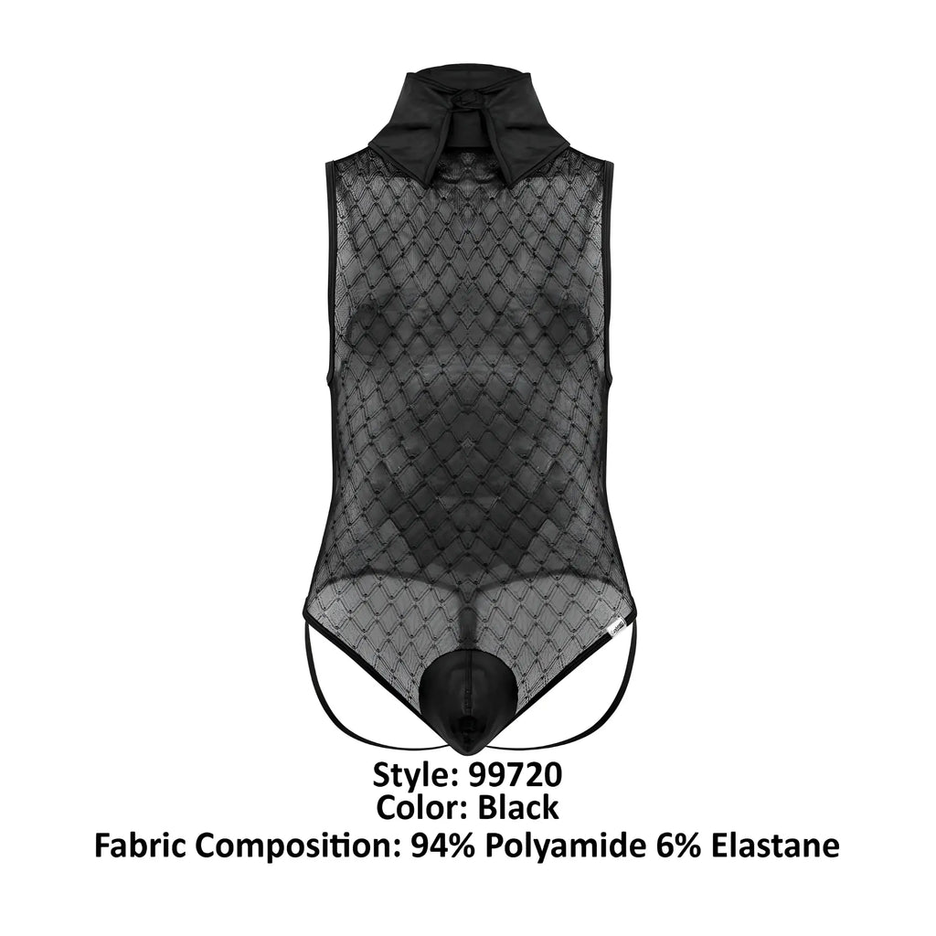 Black CandyMan 99720 work-n-play sheer mesh bodysuit with structured collar and elasticized waistband