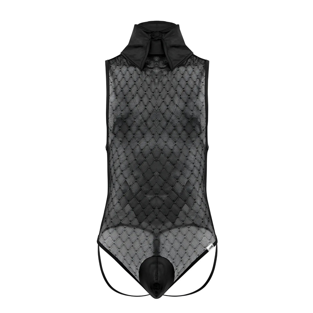 Black candyMan 99720 work-n-play bodysuit with sheer mesh, structured collar, and diamond-patterned lace overlay