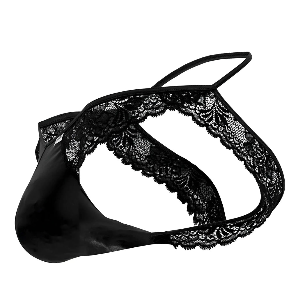 Candyman 99721 lace jockstrap black satin fabric men’s thong with delicate floral lace trim visible from front view