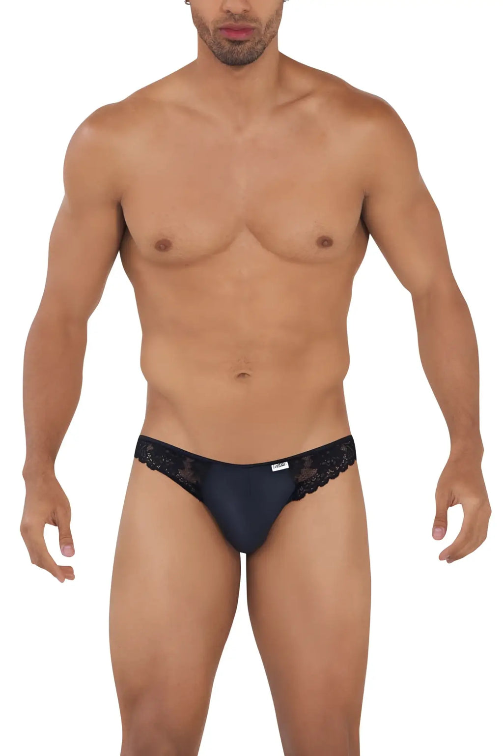 Black candyMan 99721 lace jockstrap briefs with lace trim and sleek form-fitting design in a back view