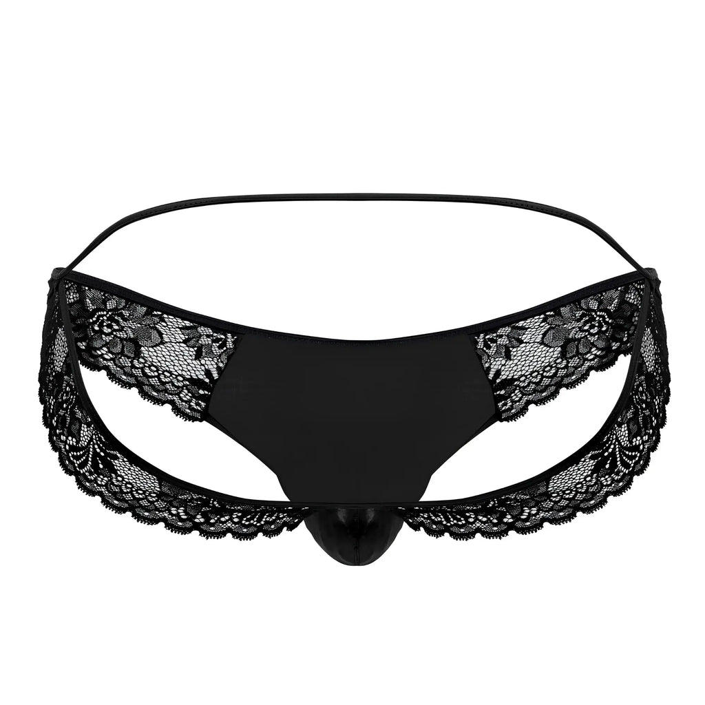 CandyMan 99721 black lace jockstrap thong with central pouch and thin elastic waistband in black lace trim