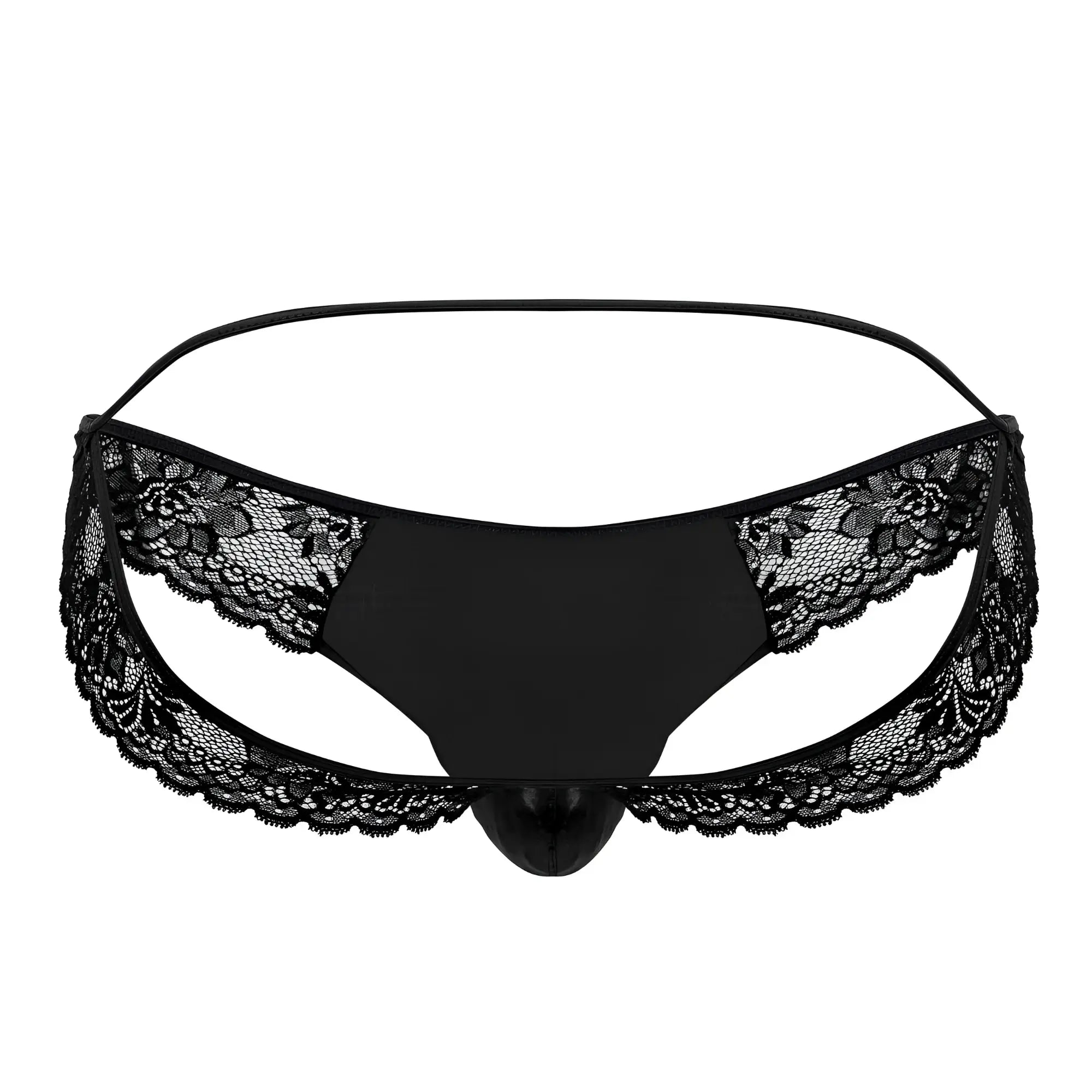 CandyMan 99721 black lace jockstrap thong with central pouch and thin elastic waistband in black lace trim
