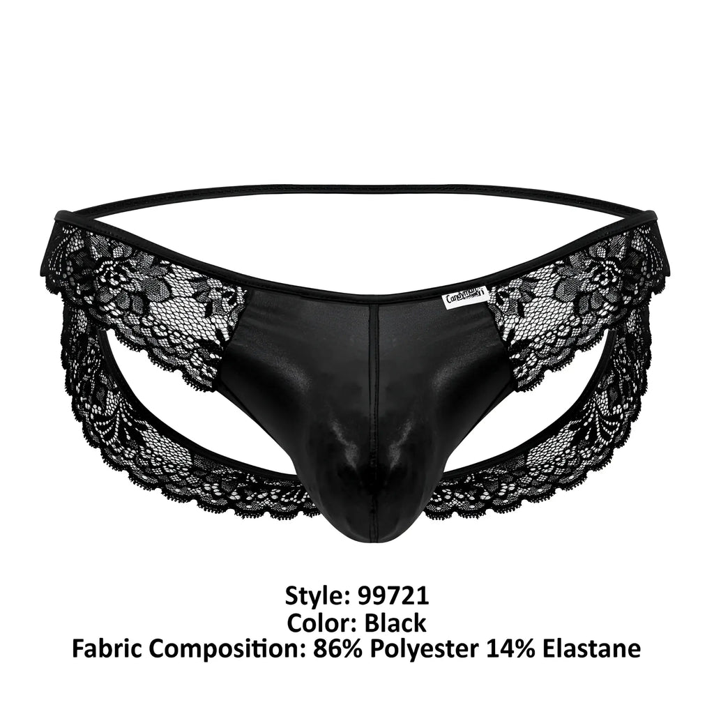 Black lace-trimmed thong made of shiny polyester and elastane candyMan 99721 lace jockstrap in black